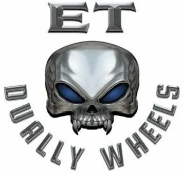 A metallic skull with blue eyes, with the text 'ET' above and 'Dually Wheels' below in a curved format