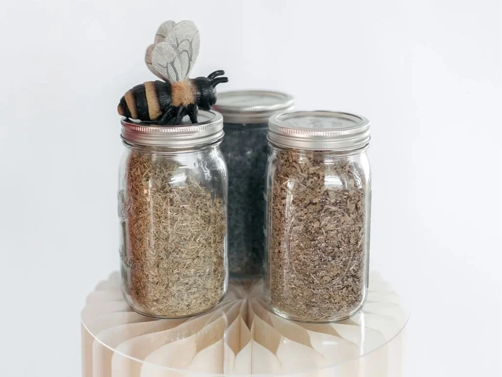 Decorative bumblebee figurine with bee wings and a jar filled with dried herbs. In Austin, Texas.