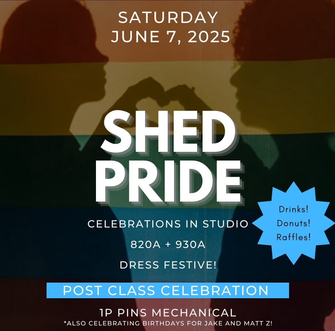Pride classes THIS WEEKEND, followed by a happy hour to celebrate Jake and Matt. Can&rsquo;t wait to see so many of you