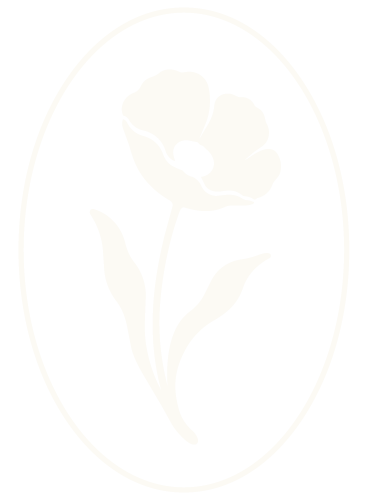 White flower with two leaves inside an oval frame on a black background.