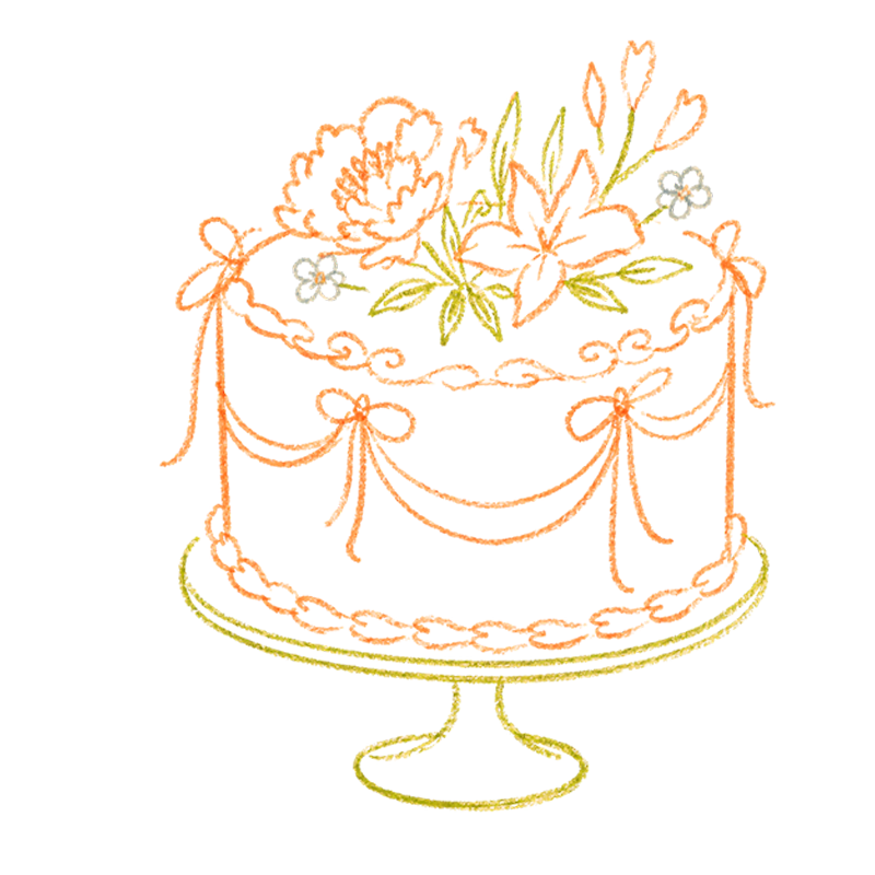 A digital illustration of a birthday cake with pink icing, green leaves, white flowers, and candles on top.