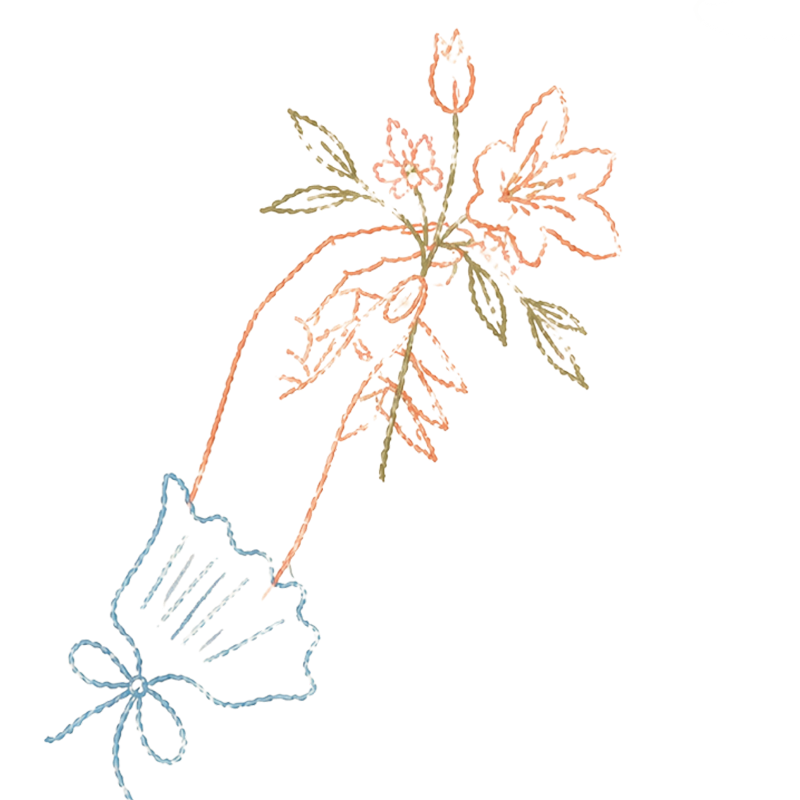 A digital sketch of a flower with a ribbon at the bottom, featuring a pinkish flower with green and brown leaves and a grayish-blue bow.