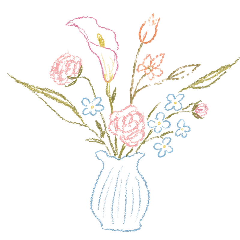 A delicate bouquet of pink roses, small blue flowers, and green foliage in a clear glass vase.