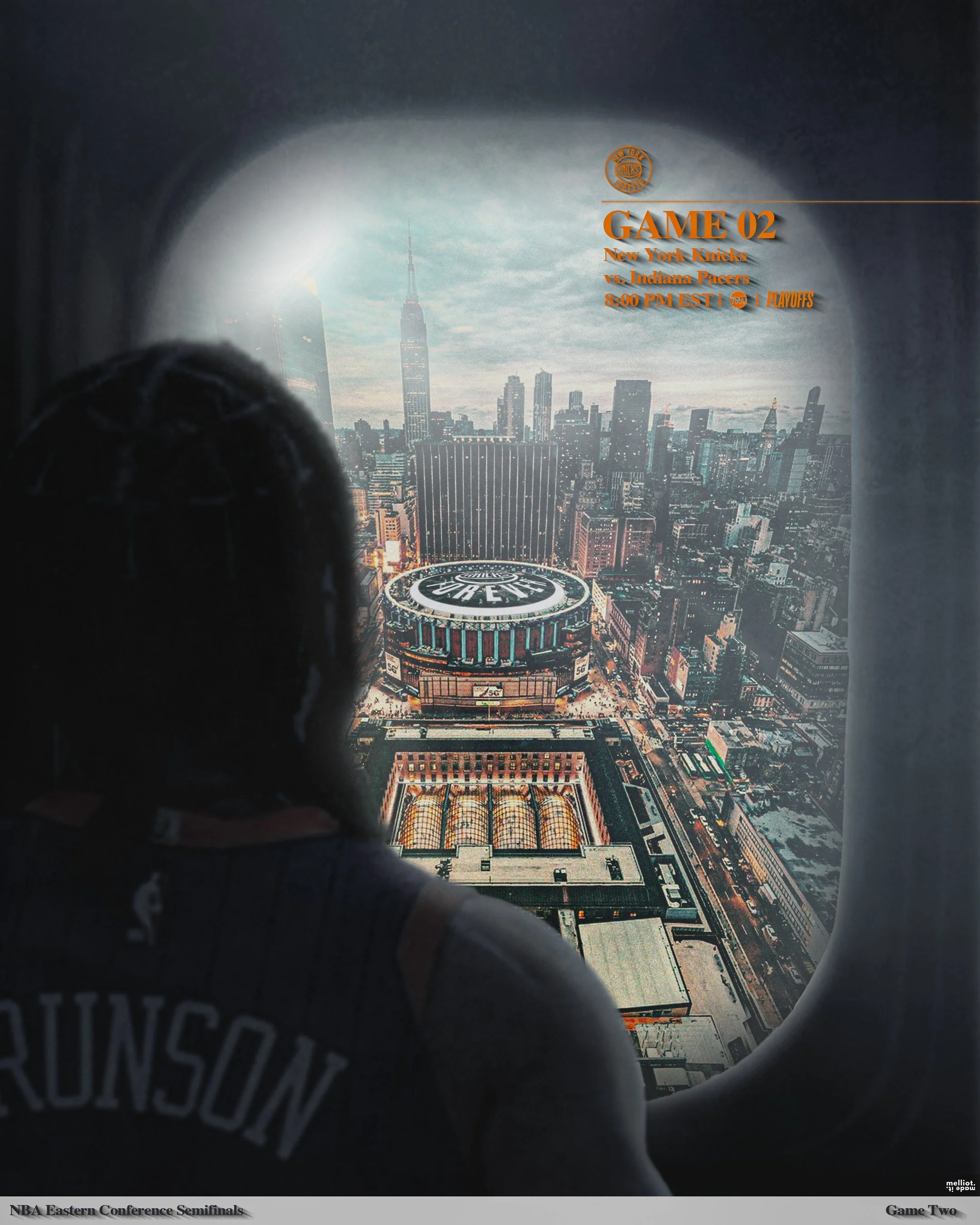 Part of my custom Knicks Playoff Poster Series, featuring a Game 2 matchup concept overlooking Madison Square Garden. (Personal Project Design by Max Elliot)