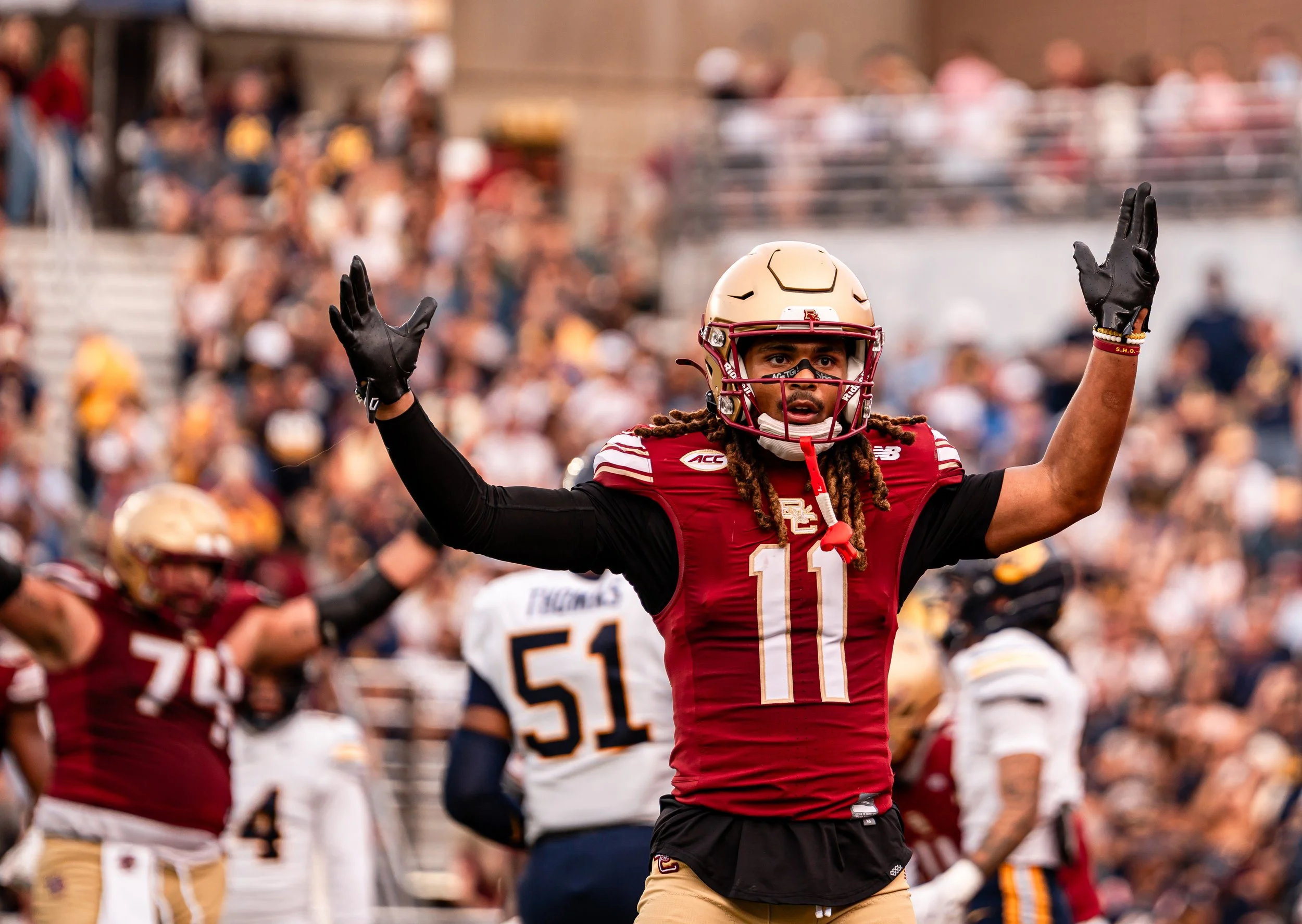 CHESTNUT HILL, MASSACHUSETTS - SEPTEMBER 27: Lewis Bond #11 of Boston College Football celebrate a touchdown during the team’s game against Cal at Alumni Stadium on September 27, 2025 in Chestnut Hill, Massachusetts. (Photo by Max Elliot/Boston Colle