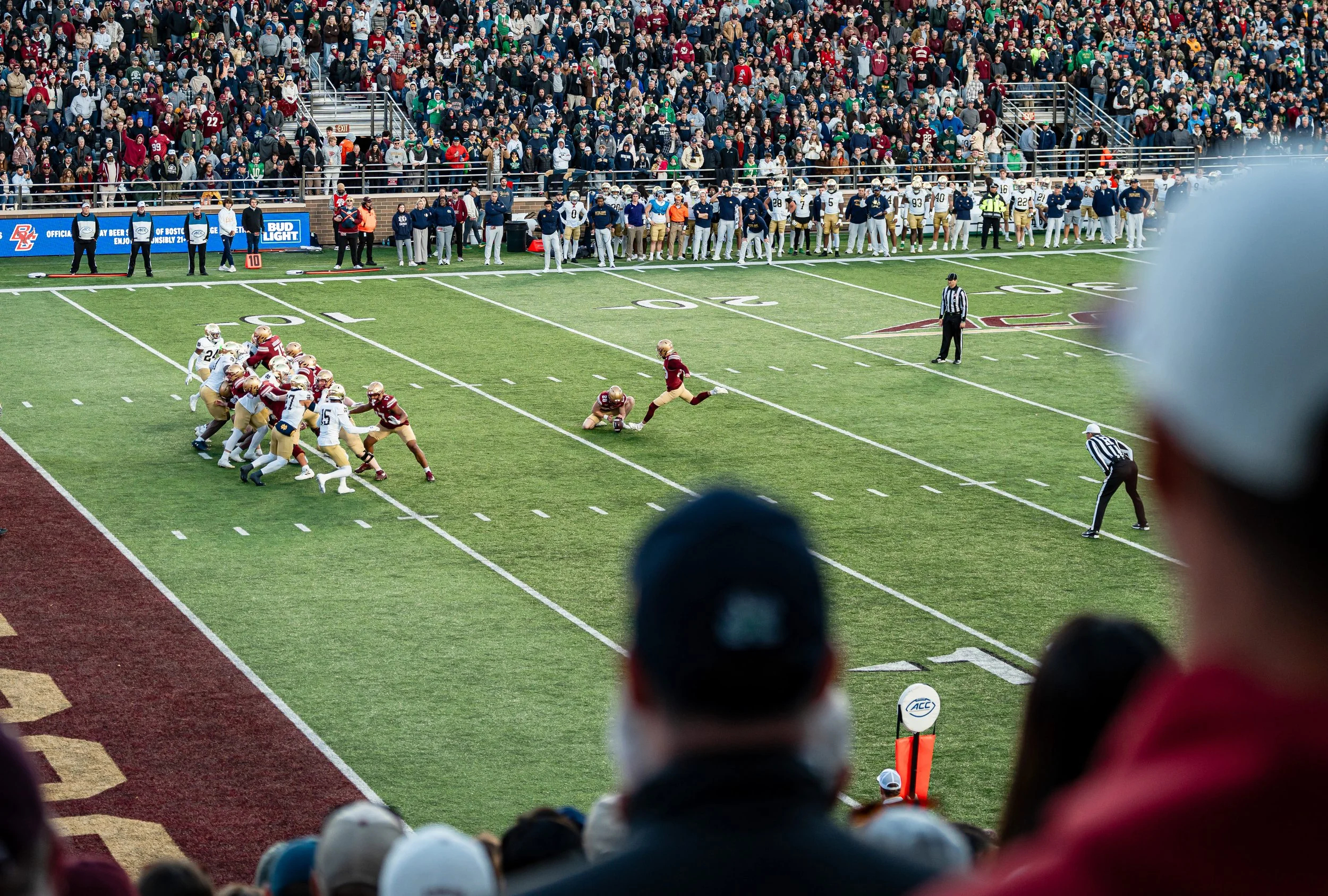 CHESTNUT HILL, MASSACHUSETTS – NOVEMBER 1: Boston College’s special teams unit attempts a field goal during a rivalry matchup against Notre Dame at Alumni Stadium on November 1, 2025 in Chestnut Hill, Massachusetts. (Photo by Max Elliot/BC Football)