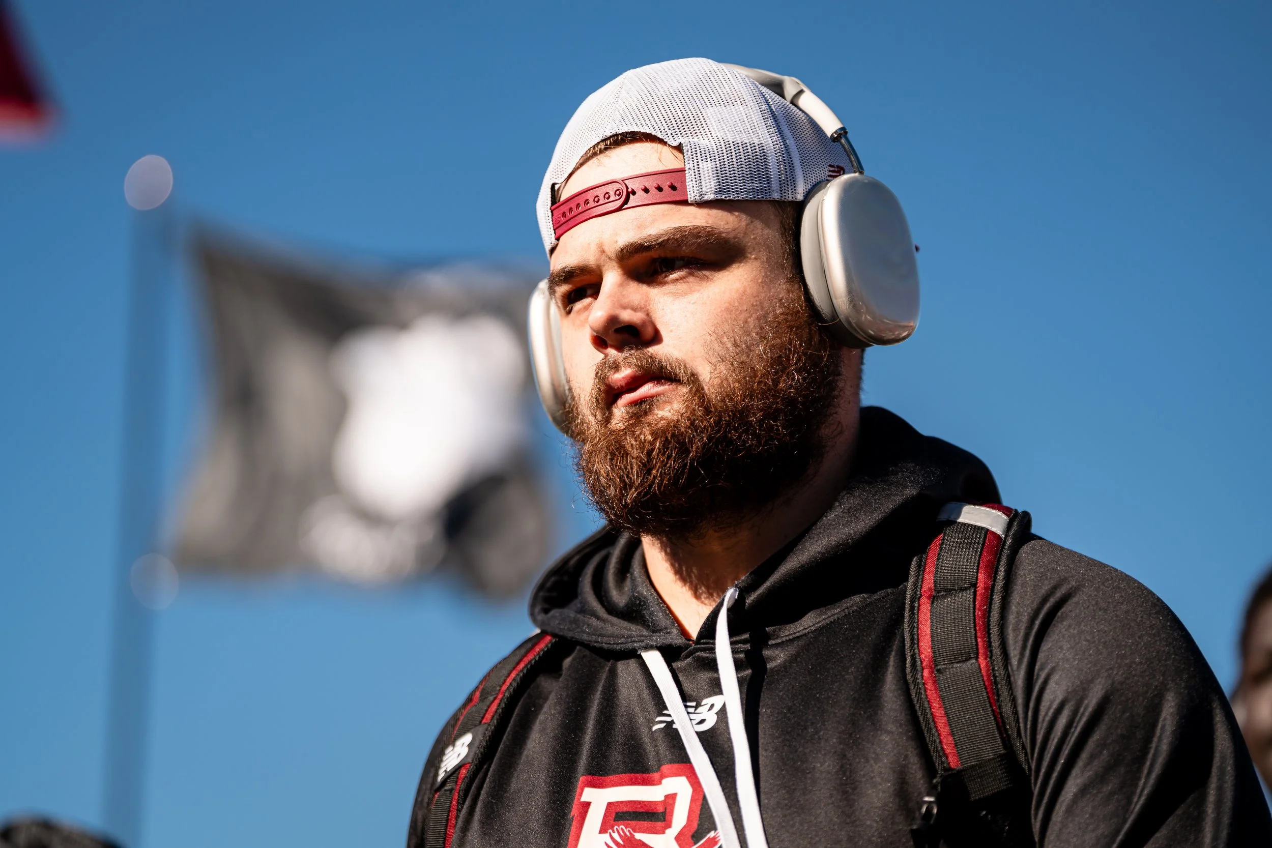 CHESTNUT HILL, MASSACHUSETTS - NOVEMBER 1: Logan Taylor #79 of Boston College Football walks the Eagle Walk through the tailgate before the team’s game against Notre Dame on November 1, 2025 in Chestnut Hill, Massachusetts. (Photo by Max Elliot/Bosto