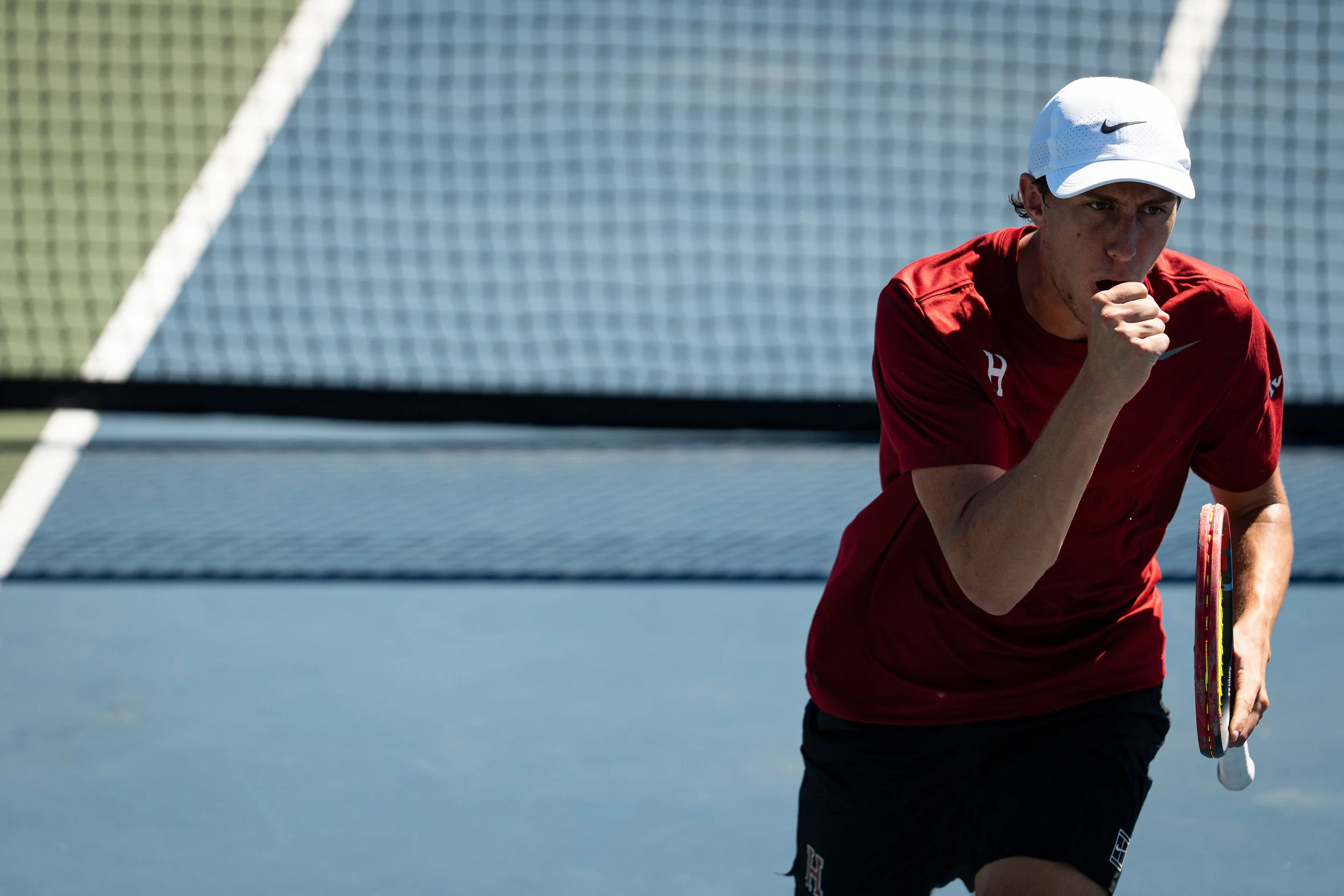 CAMBRIDGE, MASSACHUSSETTS - SEPTEMBER 18: Harvard Men's Tennis's Zachary Cohen celebrates a point win at Chowderfest Day One on September 18, 2026. (Photo by Max Elliot/Harvard Athletics)