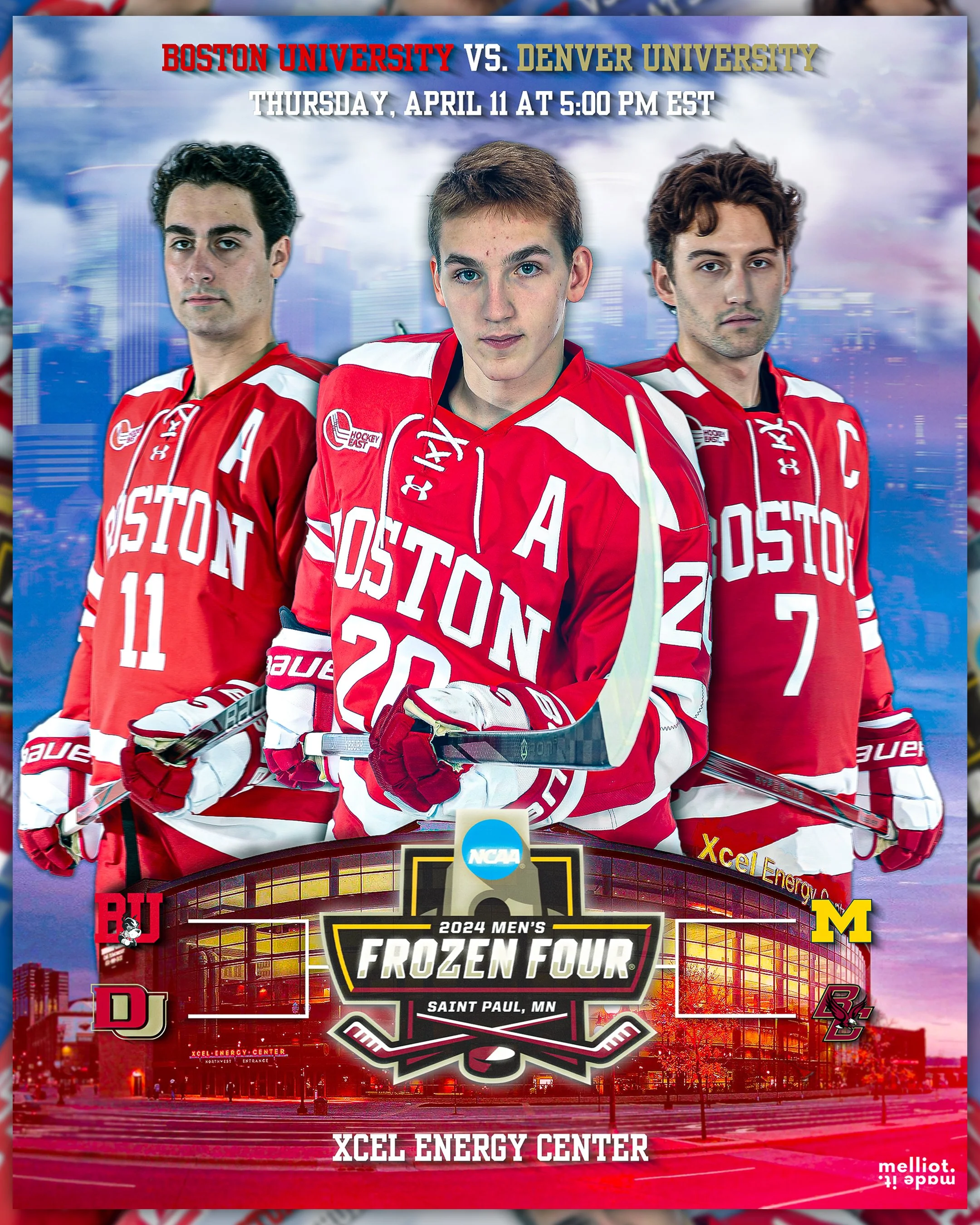 Frozen Four semifinal matchup poster designed for Boston University Men’s Hockey ahead of their game against Denver. (Design by Max Elliot)