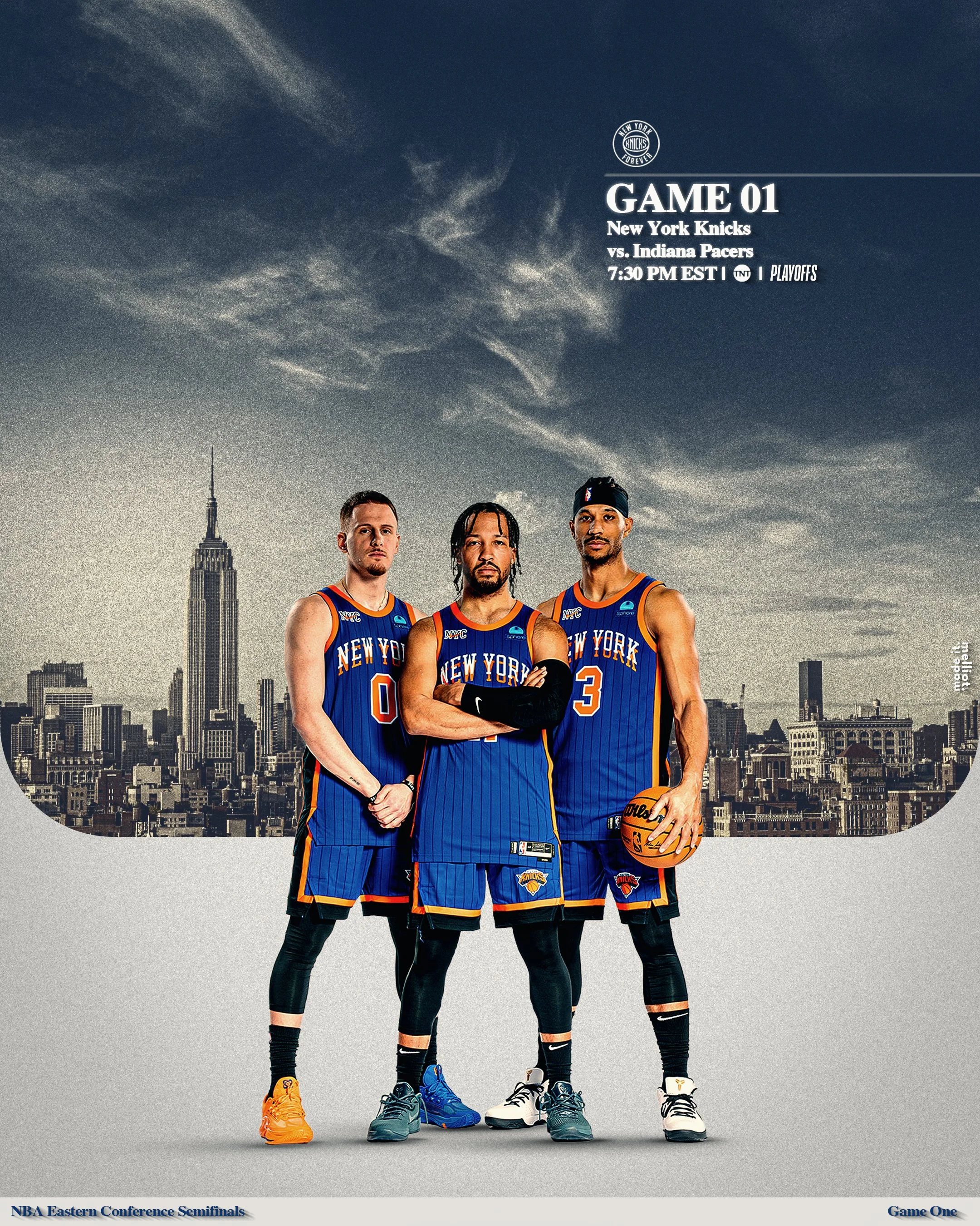 Custom Knicks Playoff Poster Series: Game 1 matchup graphic created as a personal creative project. (Personal Project Design by Max Elliot)