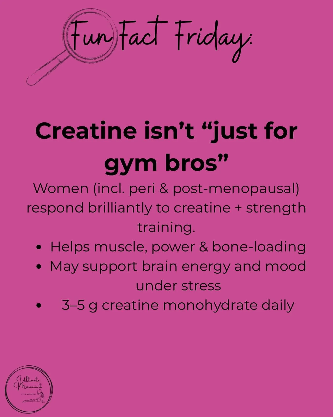 Fun Fact Friday: Creatine isn&rsquo;t &ldquo;just for bros&rdquo;
Women (incl. peri &amp; post-menopause) respond brilliantly to creatine + strength training.
Helps muscle, power &amp; bone-loading
May support brain energy and mood under stress
Easy 