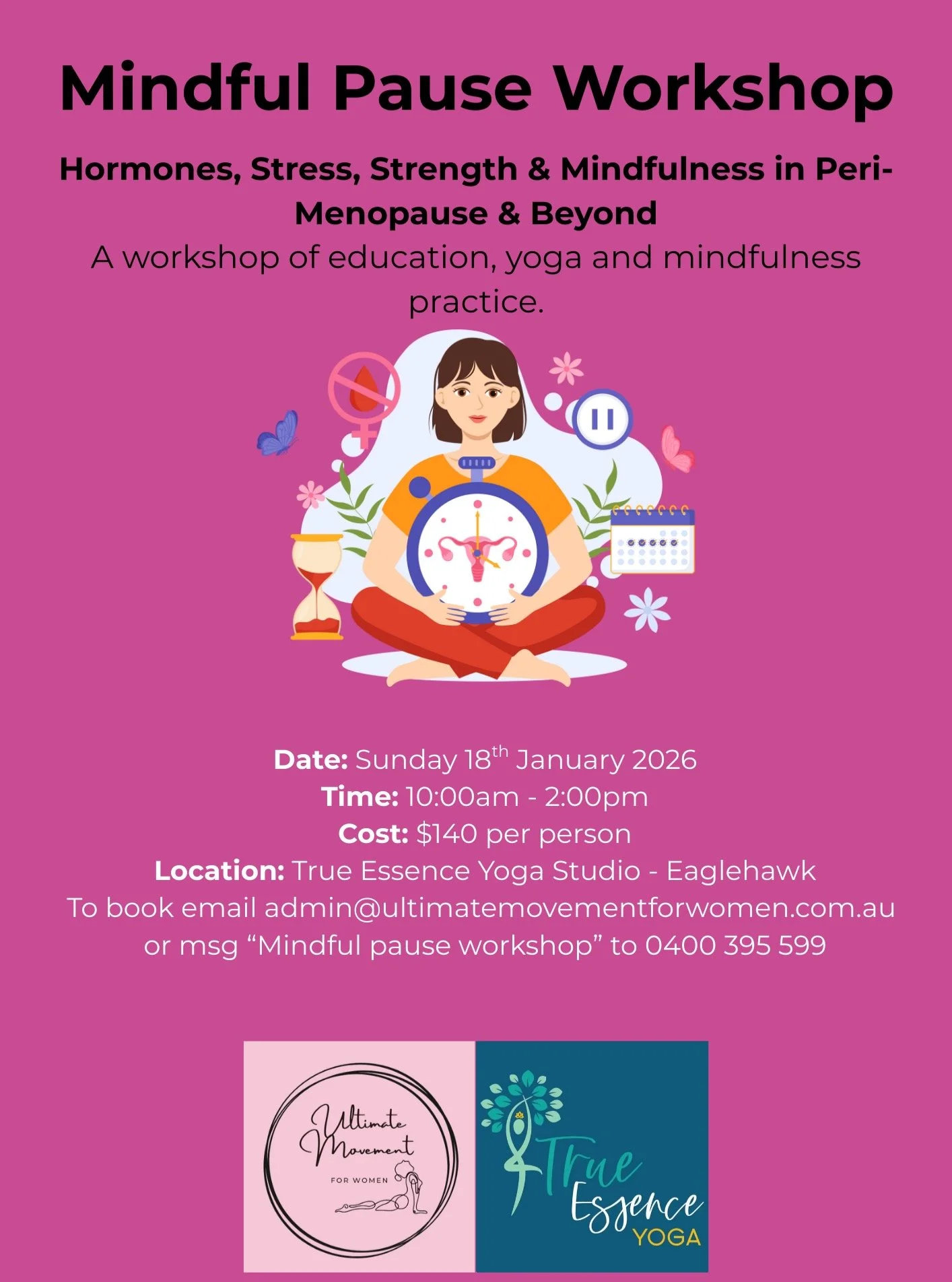 🌺 18th January 2026: The Mindful Pause Workshop
A 4-Hour Workshop for Women in Peri-Menopause and Beyond.

I&rsquo;m thrilled to be teaming up with Donna from True Essence Yoga to run our first workshop in 2026.

This workshop offers a blend of lear