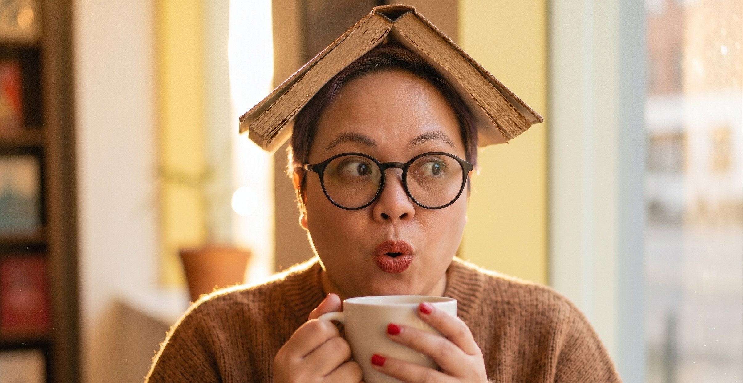 Ale Chávez con un libro abierto sobre la cabeza y una taza de café