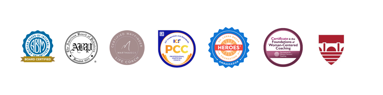 Six certification logos related to coaching, therapy, and community service, displayed in a row.