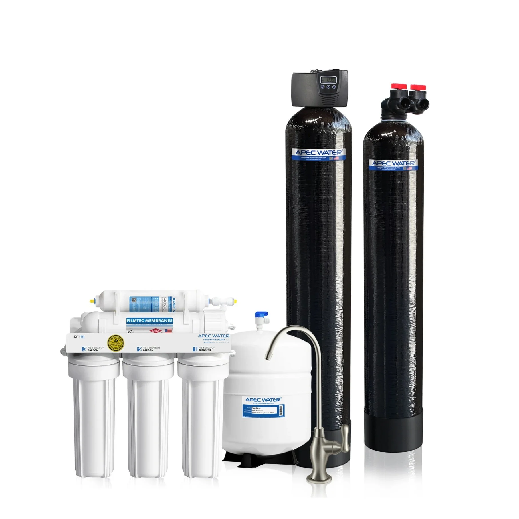 APEC water filtration system with reverse osmosis components, storage tank, faucet, and cylindrical filters.