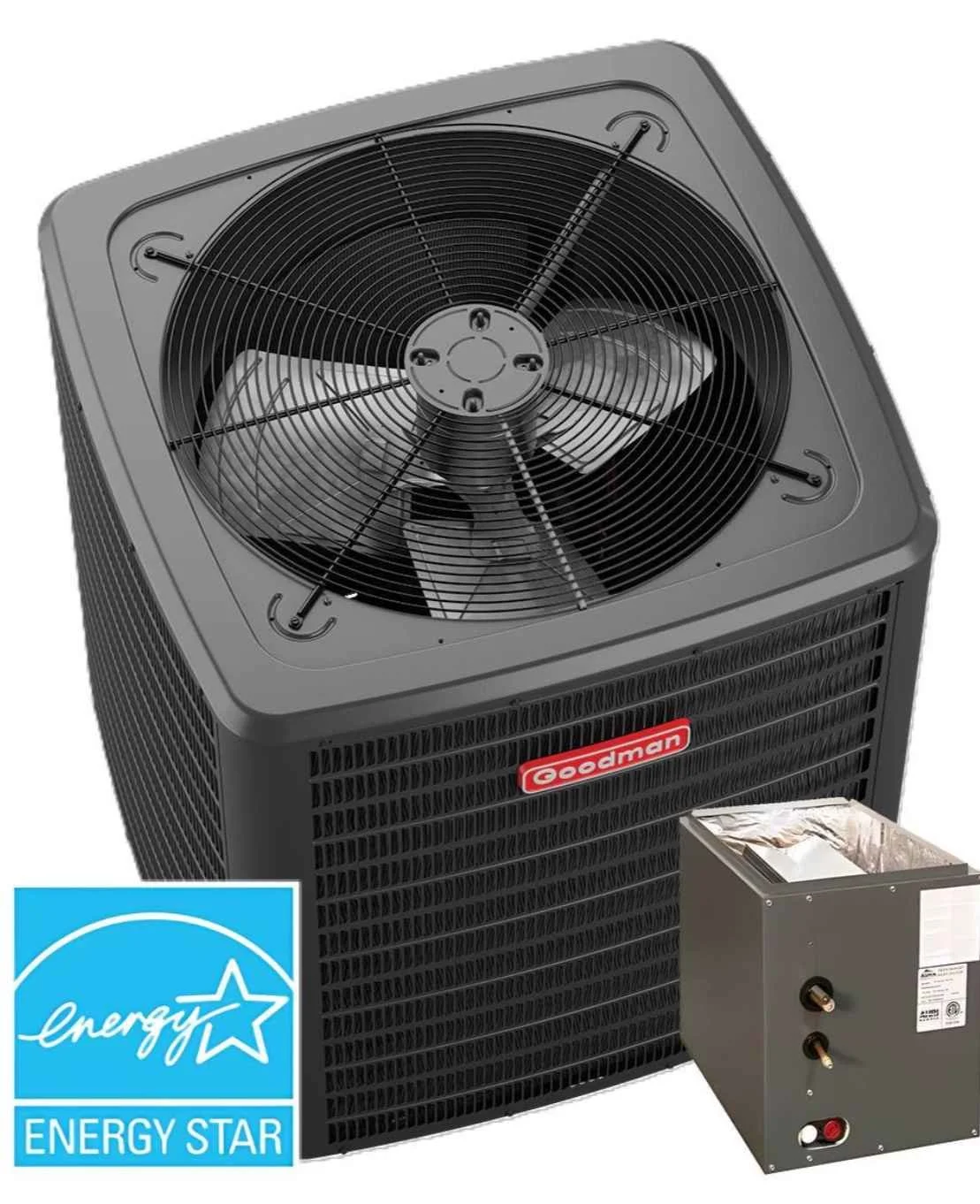 Goodman air conditioning unit with Energy Star label, including a separate component box.