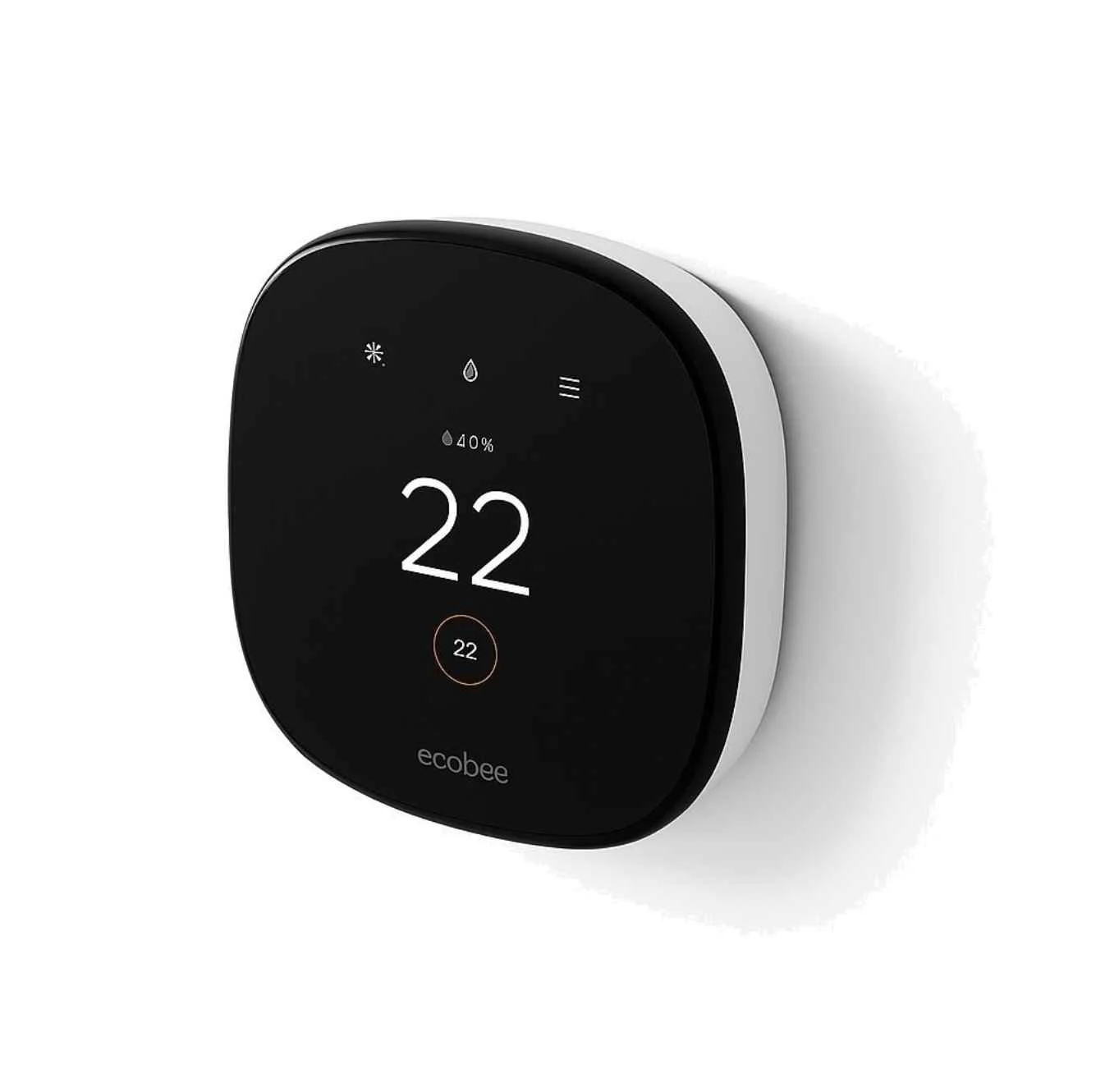 Ecobee smart thermostat with black display showing temperature of 22 degrees Celsius, humidity at 40%, and minimal icons on a white wall.