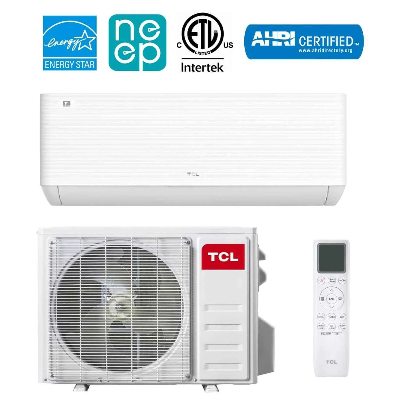 TCL air conditioner system with indoor unit, outdoor unit, and remote control, featuring Energy Star and other certification logos.