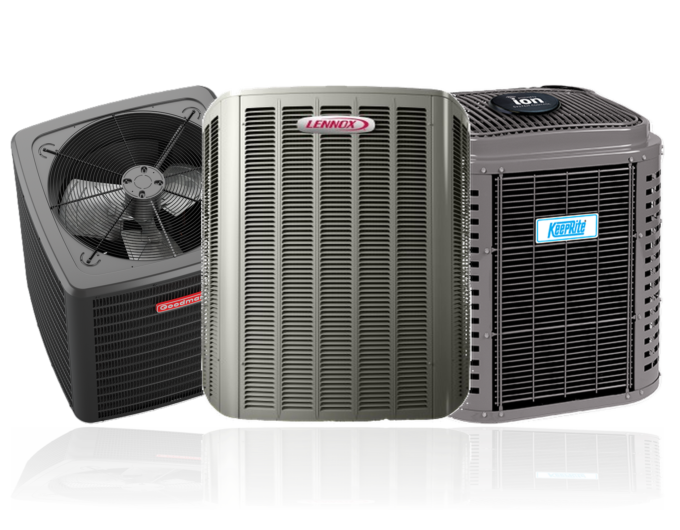 Three outdoor air conditioning units from different brands side by side.