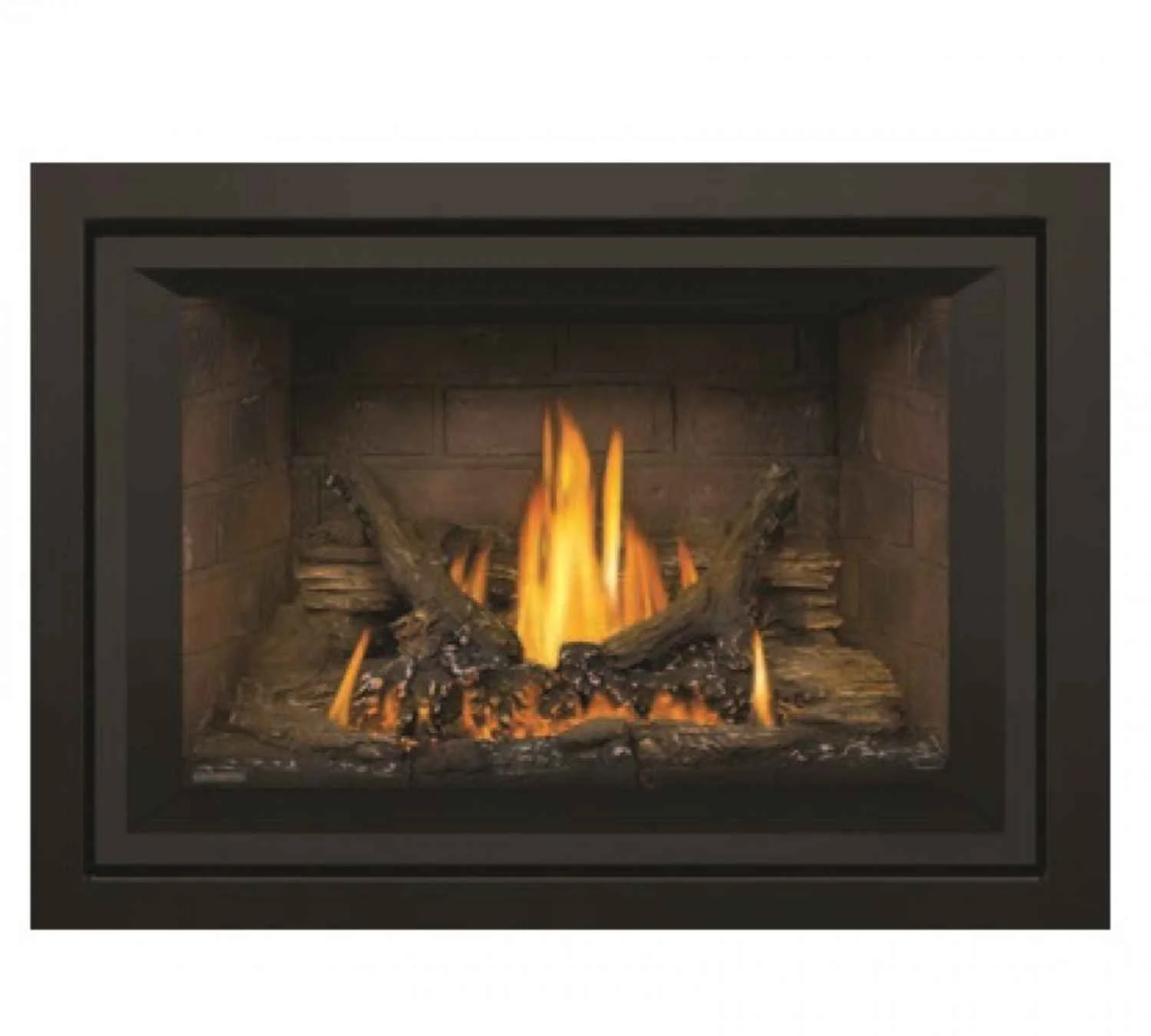 Gas fireplace with burning logs inside a framed enclosure.