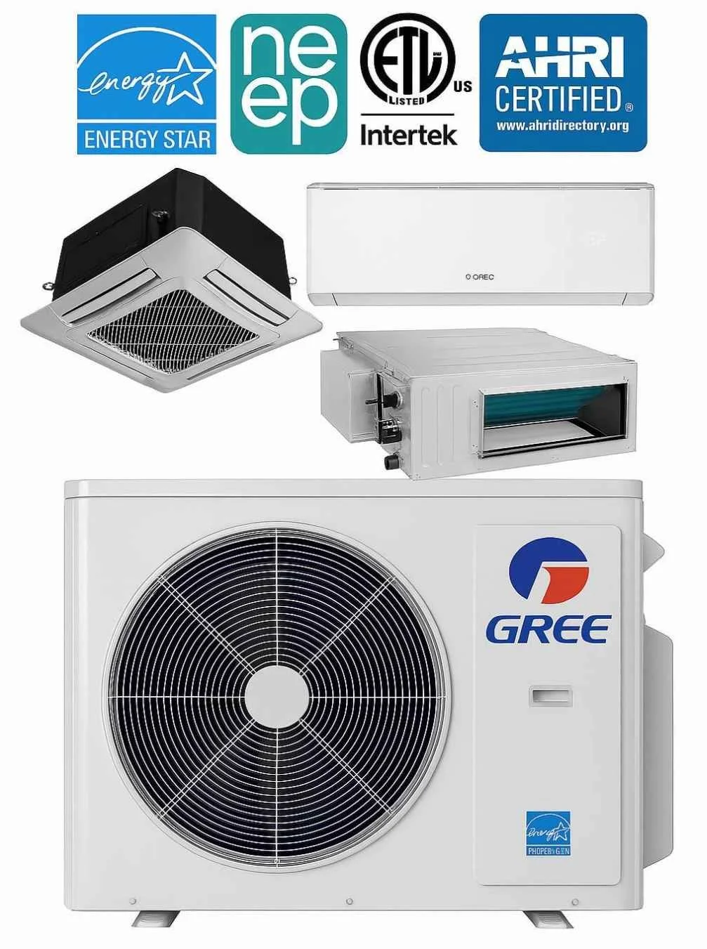 A variety of GREE air conditioning units displayed with Energy Star, NEEP, ETL, and AHRI certifications shown above. The units include a cassette type, ducted type, wall-mounted type, and outdoor unit. The products highlight energy efficiency and certification standards.