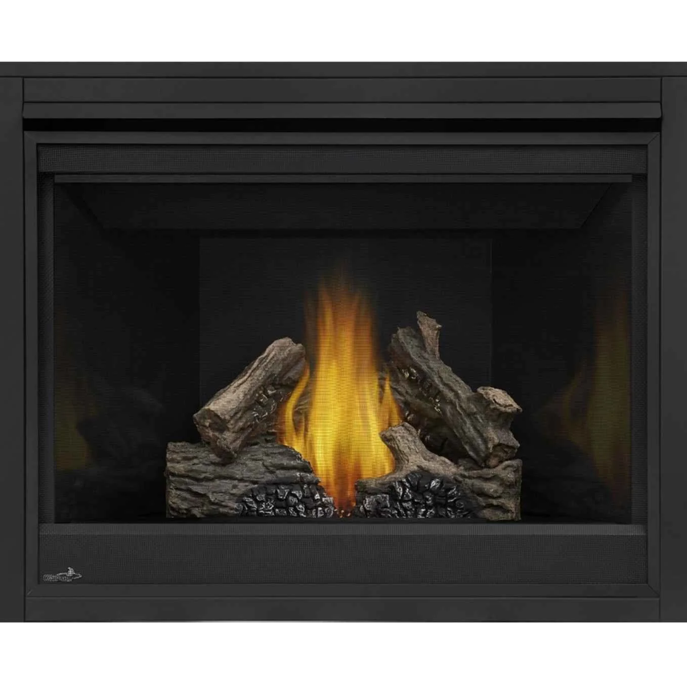 Gas fireplace with realistic logs and flames.
