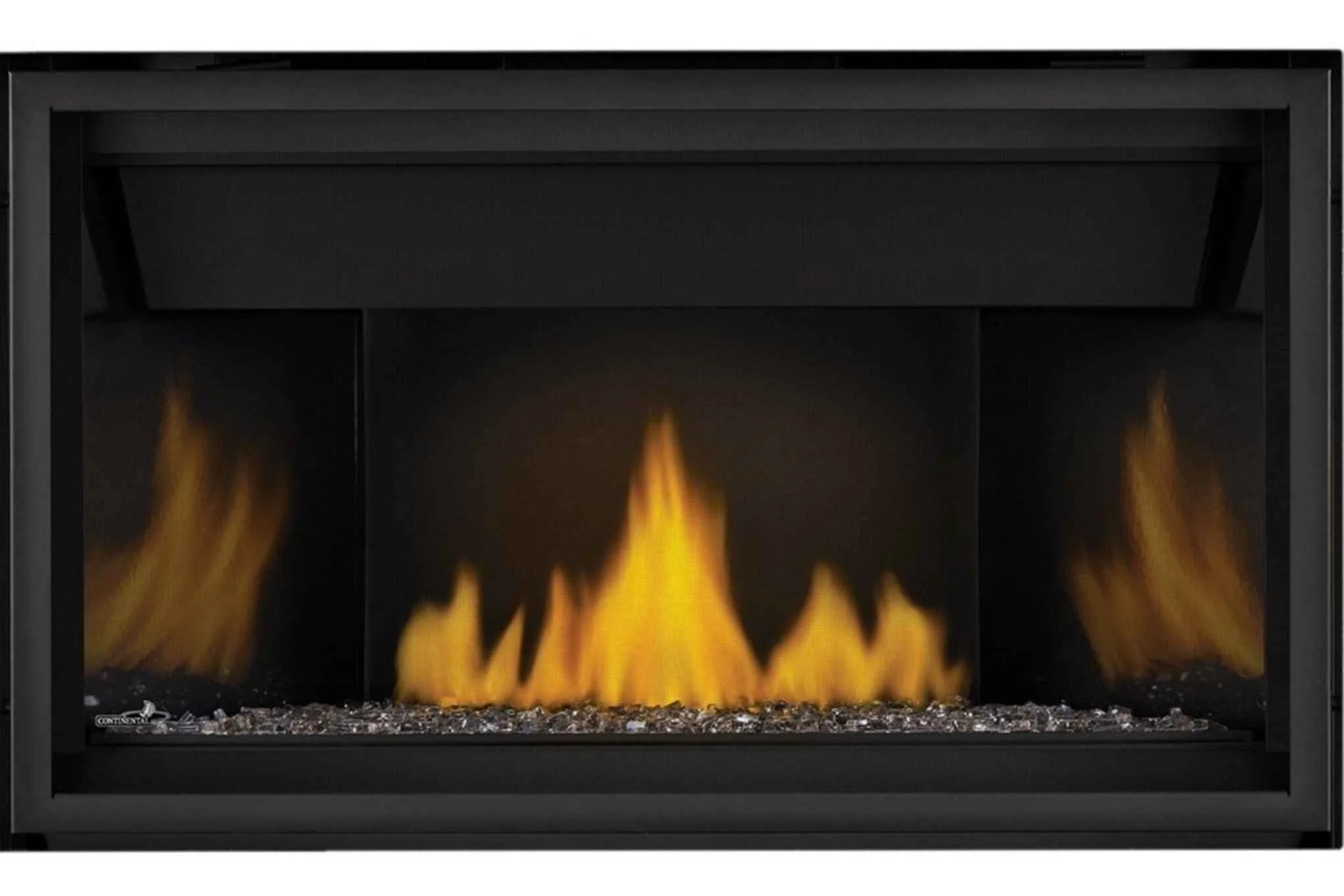 Electric fireplace with realistic flames and glass crystals.