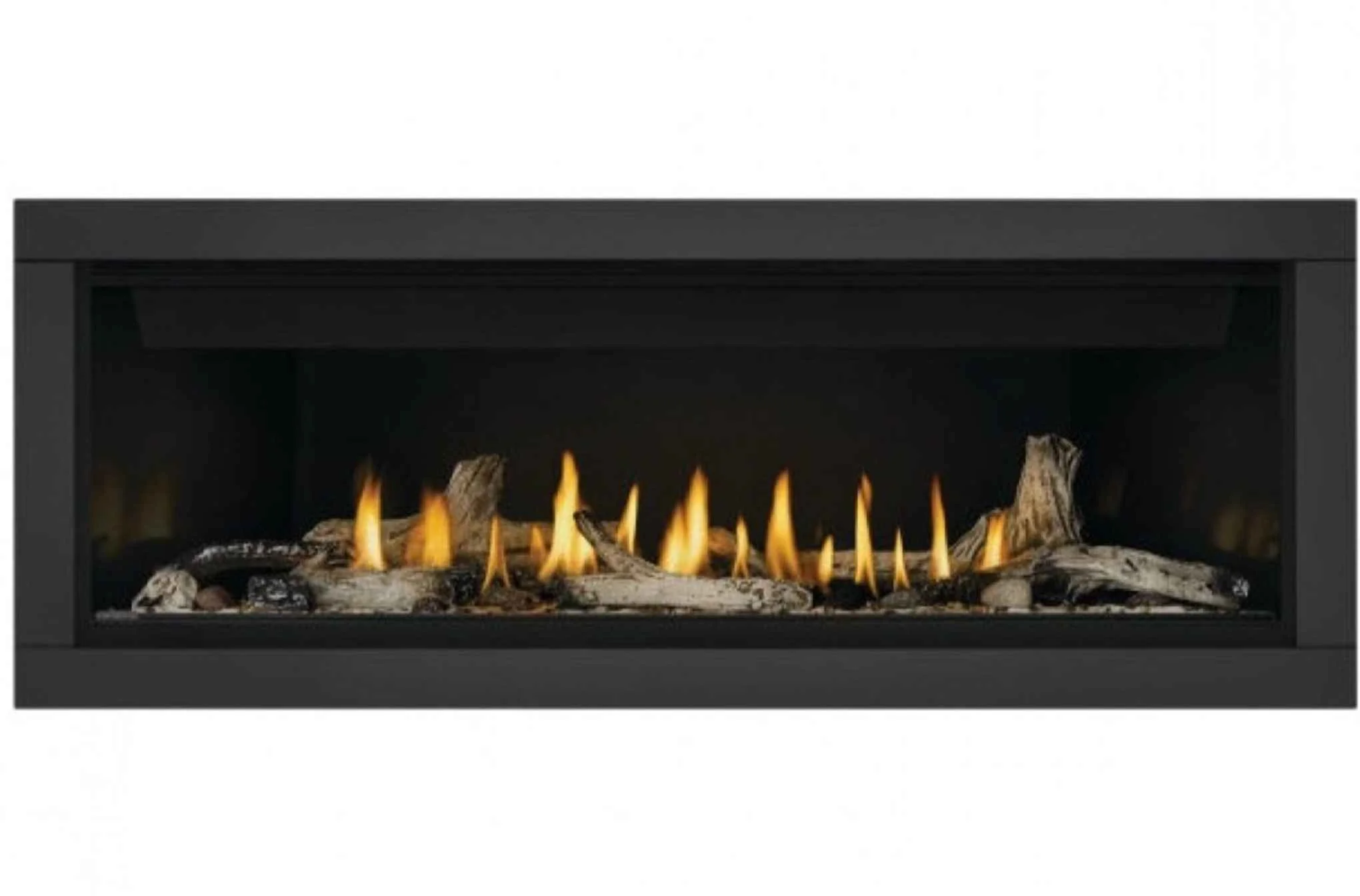 Modern linear gas fireplace with decorative logs and flames.