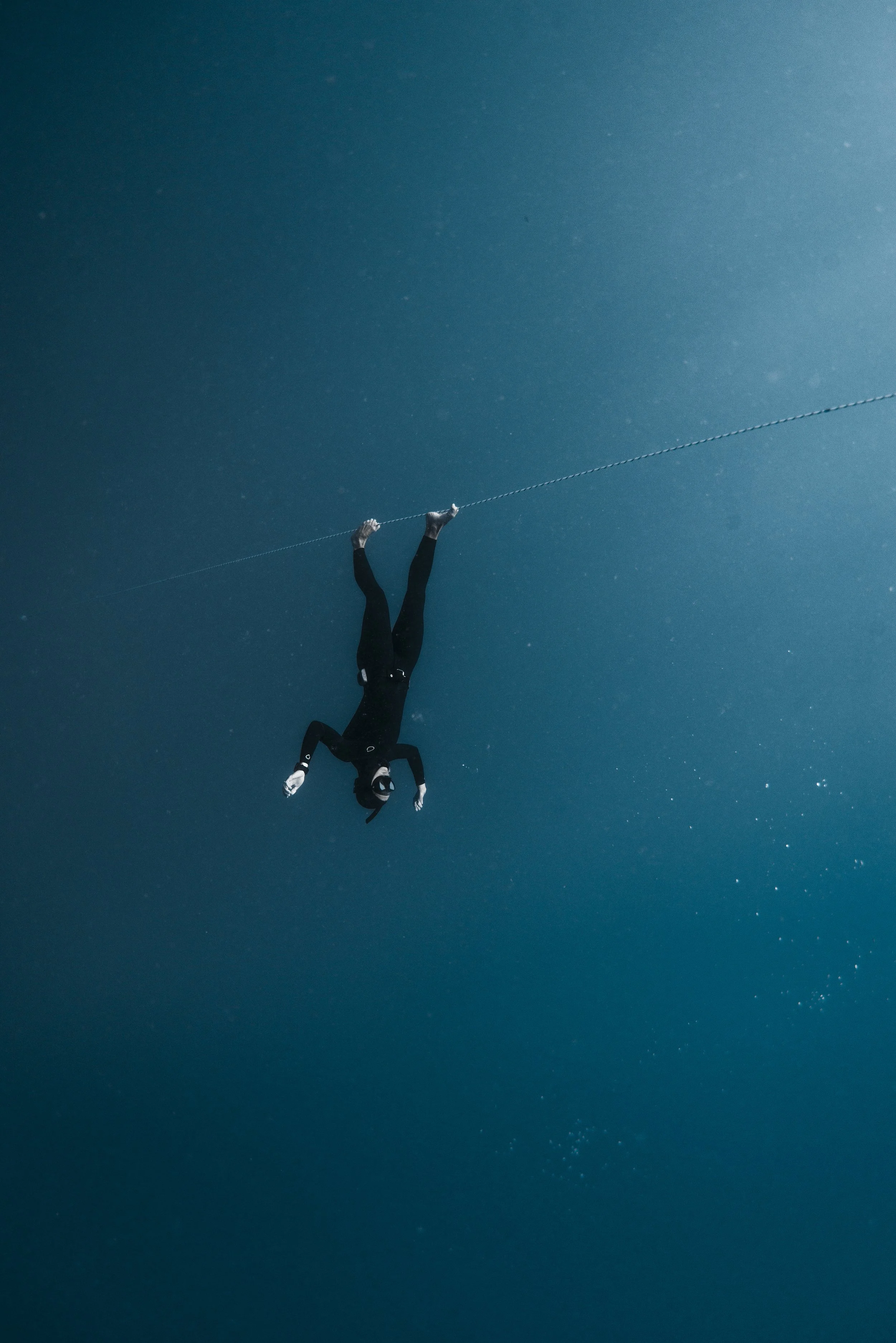 Freediver in wetsuit hanging upside down underwater, gripping a rope.