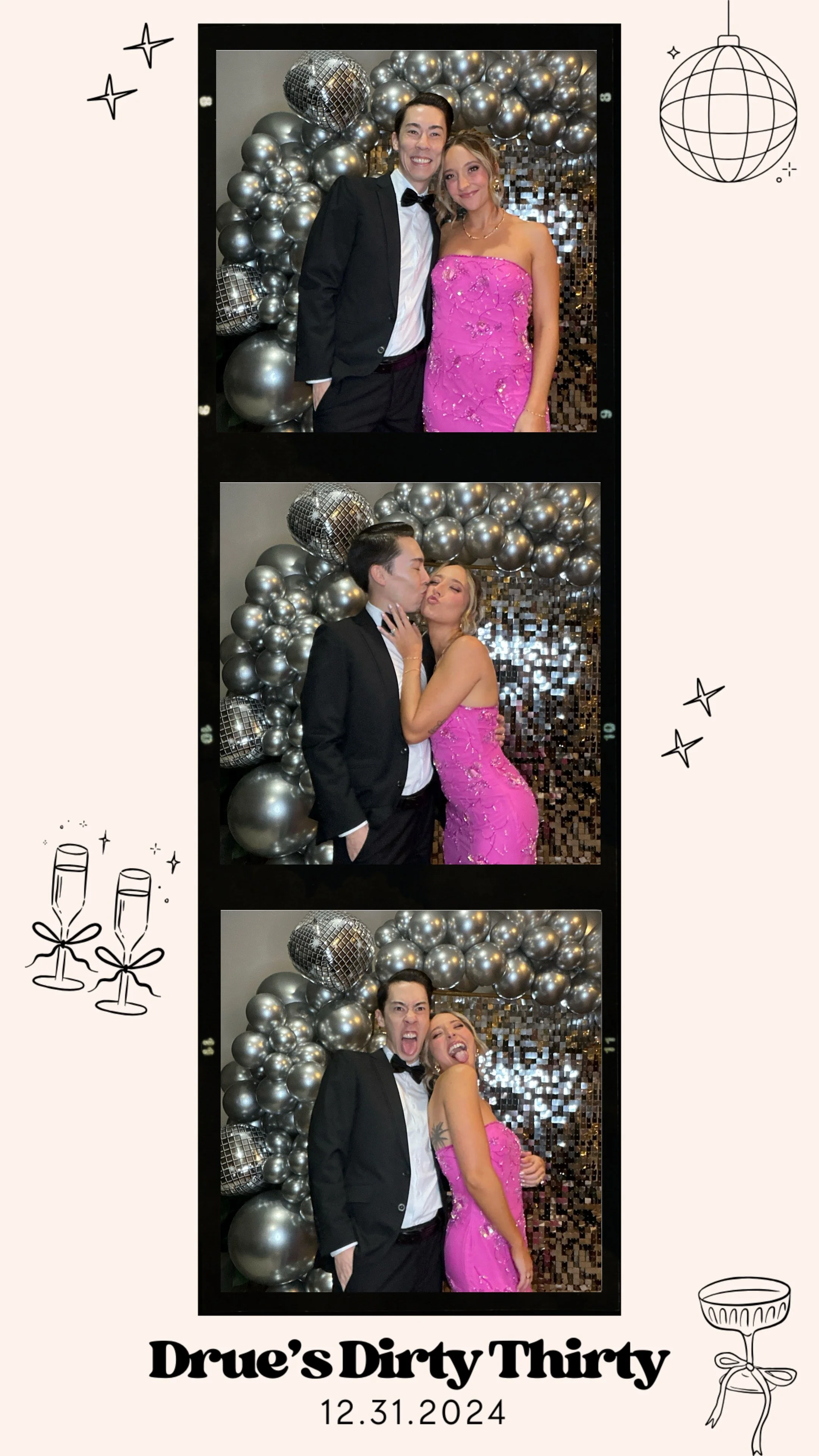 Photo strip with two people posing in front of silver balloons and disco balls for "Drue's Dirty Thirty" party on December 31, 2024. Party decorations and event date are visible.