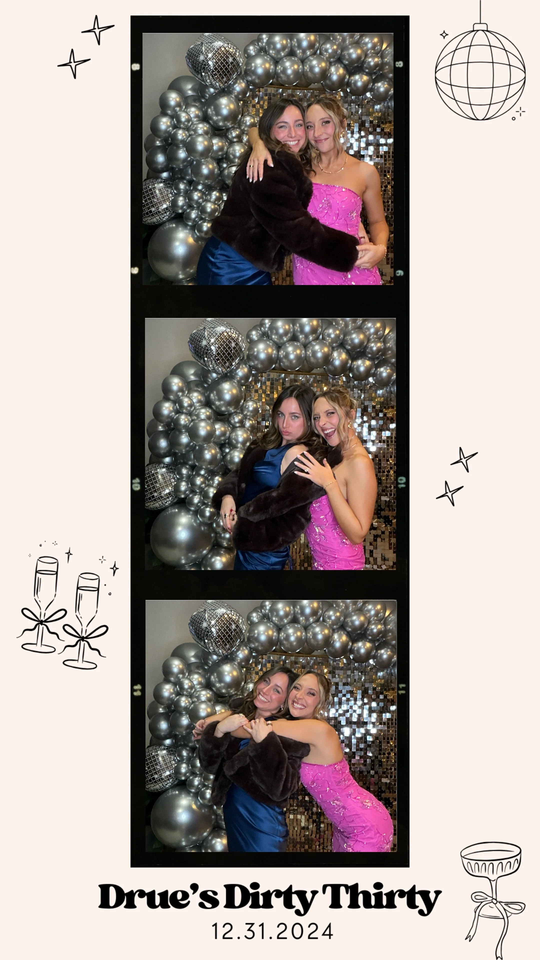 Photo collage from Drue's 30th birthday party on December 31, 2024, showing two women posing in front of a silver balloon backdrop.