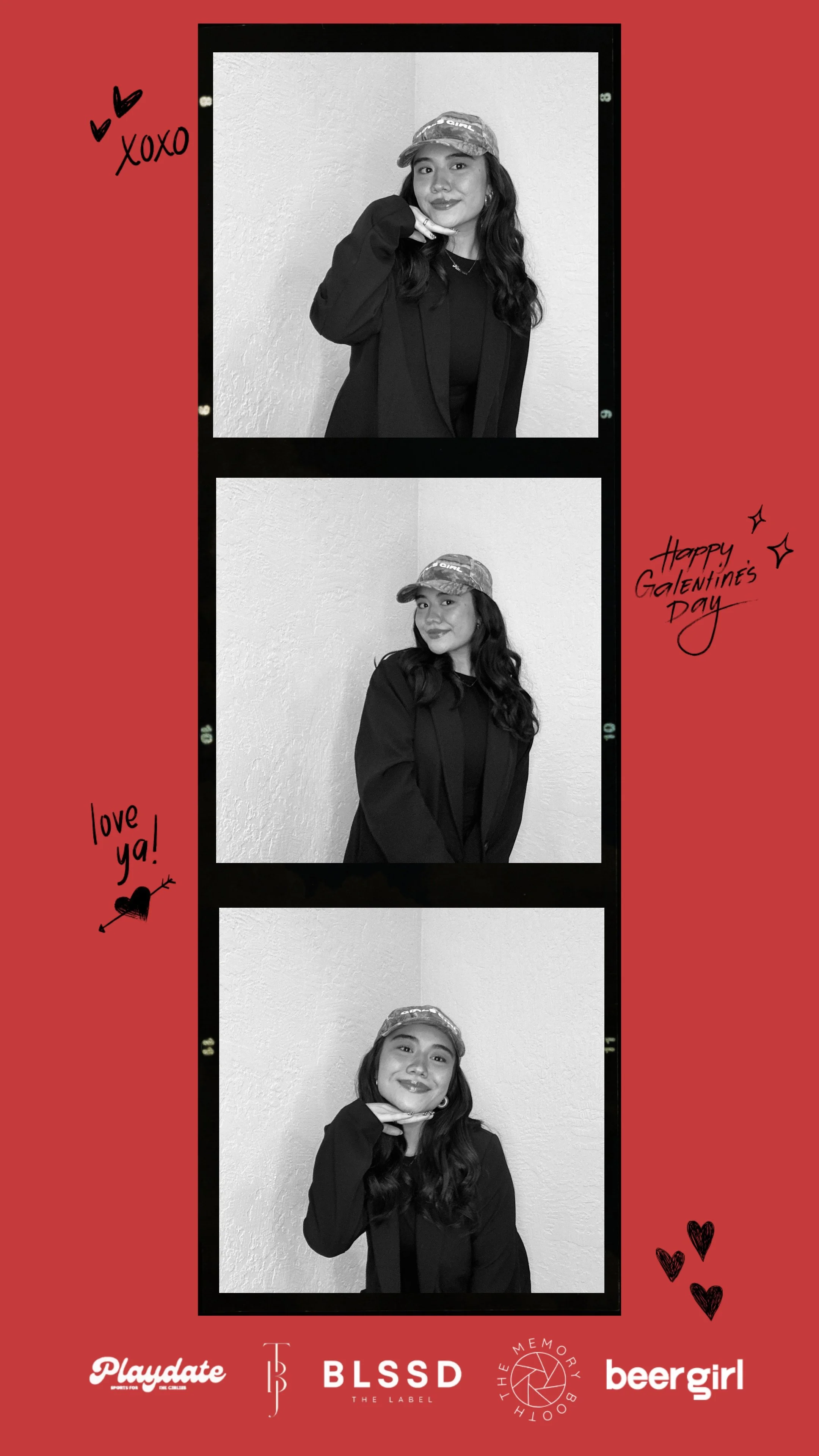 Black and white photo strip featuring a woman in a cap and blazer on a red background with text "Happy Galentine's Day", "love ya!", and "xoxo". Logos included are Playdate, BLSSD, The Memory Booth, and beergirl.