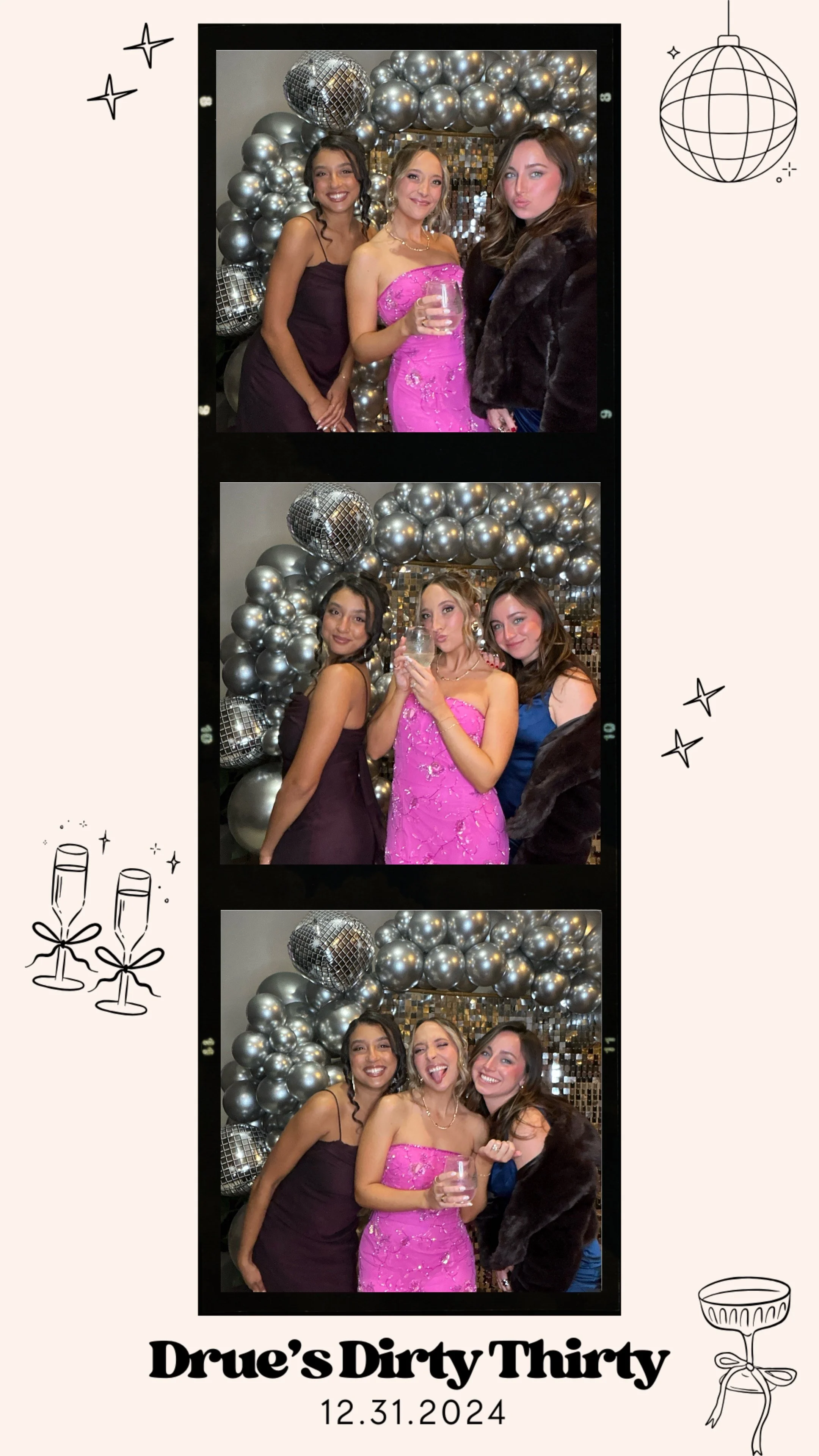 Three women pose in front of a silver balloon backdrop for a ‘Dirty Thirty’ birthday celebration, dated December 31, 2024. The woman in the center wears a pink dress, flanked by women in different colored outfits.