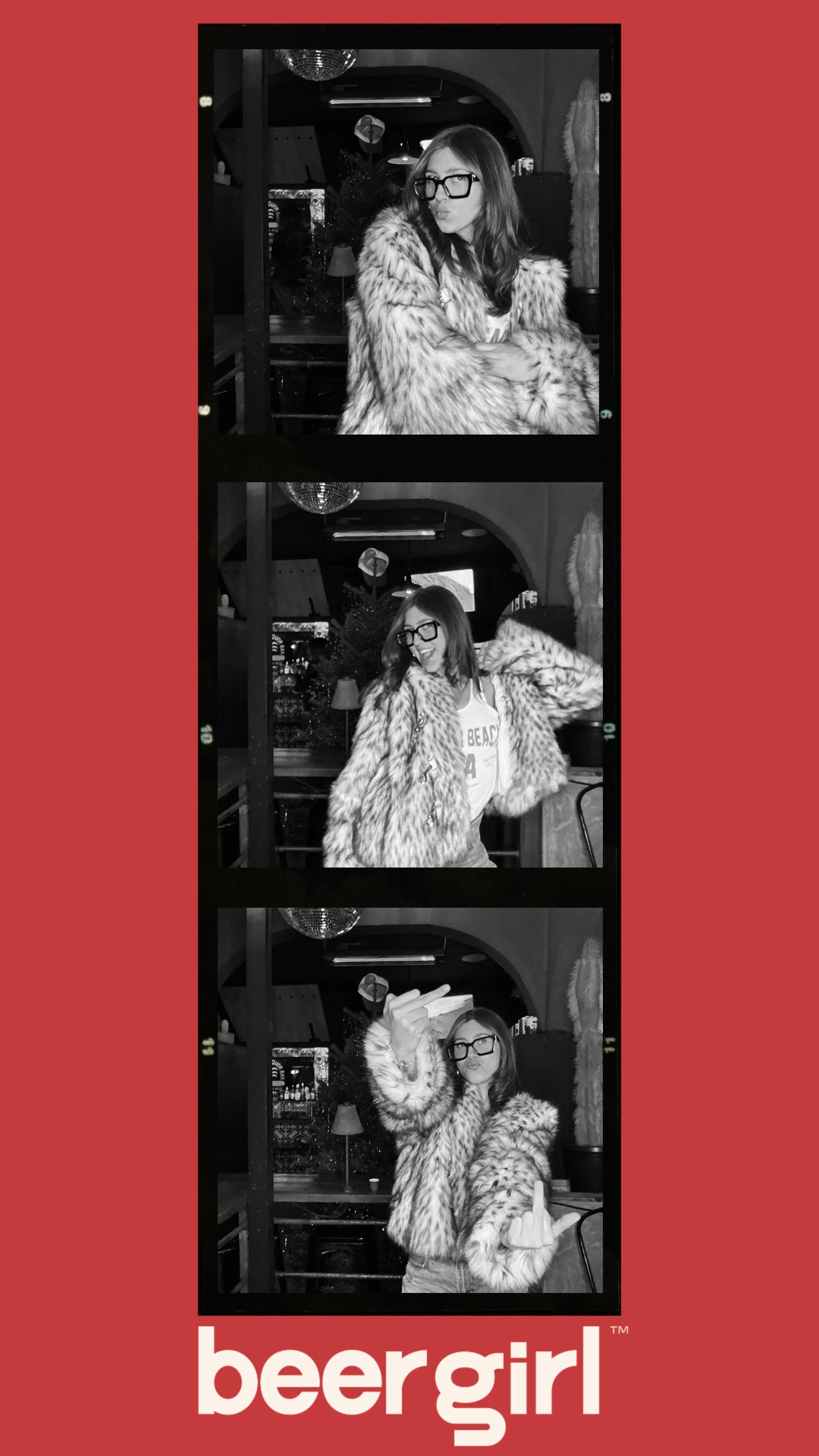 Black and white photo strip of a woman posing playfully in a fur coat, with 'beergirl' text at the bottom.