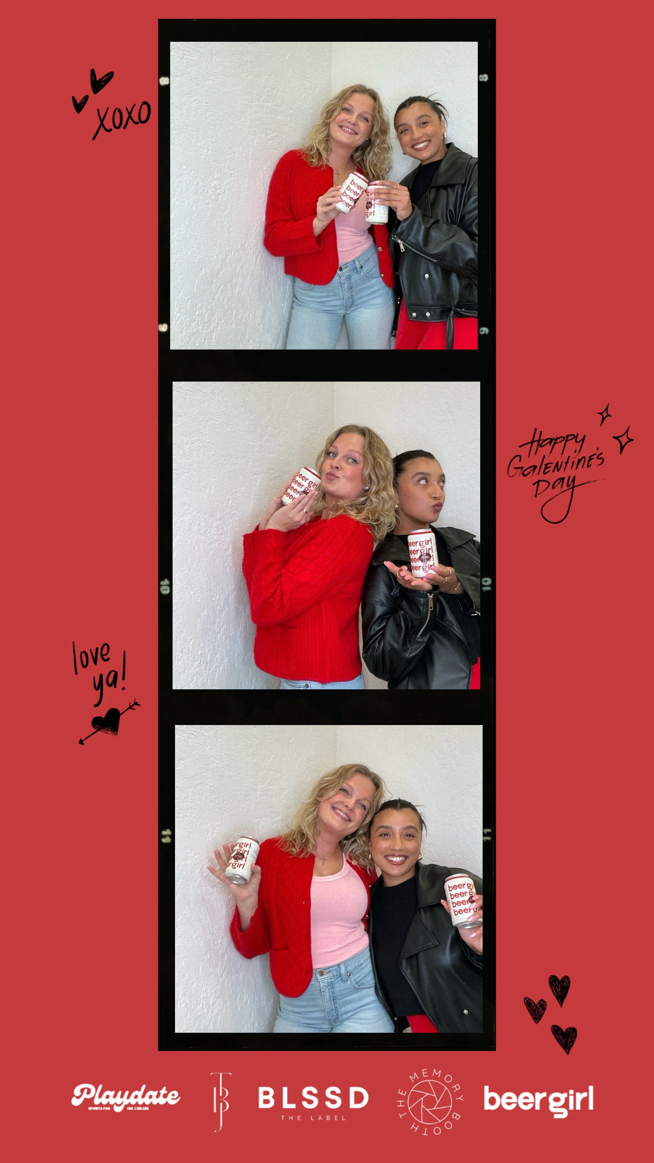 Photo booth strip of two women celebrating Galentine's Day, holding beer cans, surrounded by playful handwritten messages and logos of Playdate, BLSSD, The Memory Booth, and Beergirl.