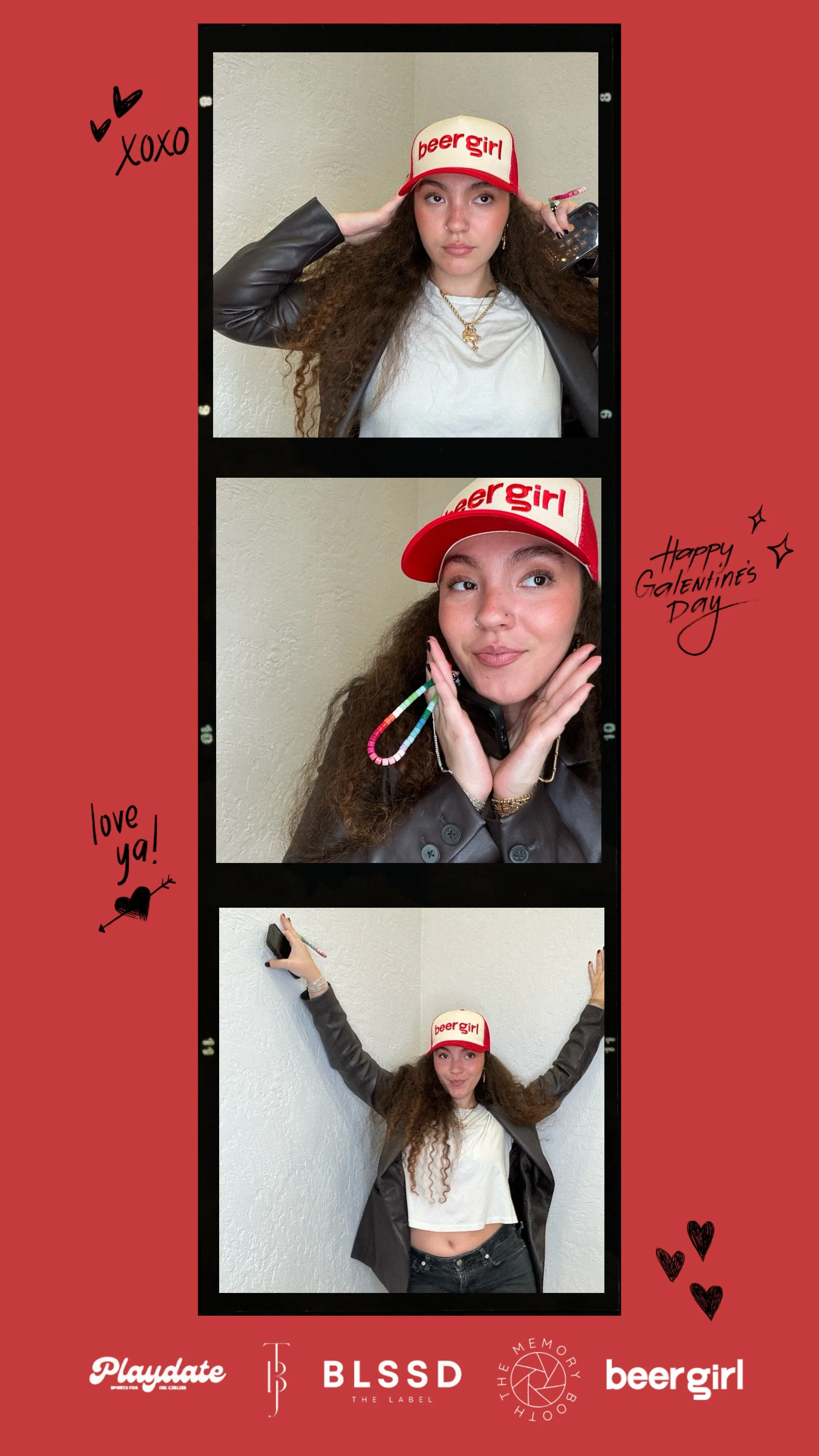Photo booth strip with a person posing, wearing a red and white "beergirl" cap, white shirt, and black jacket on a red background with "Galentine's Day" text and logos.