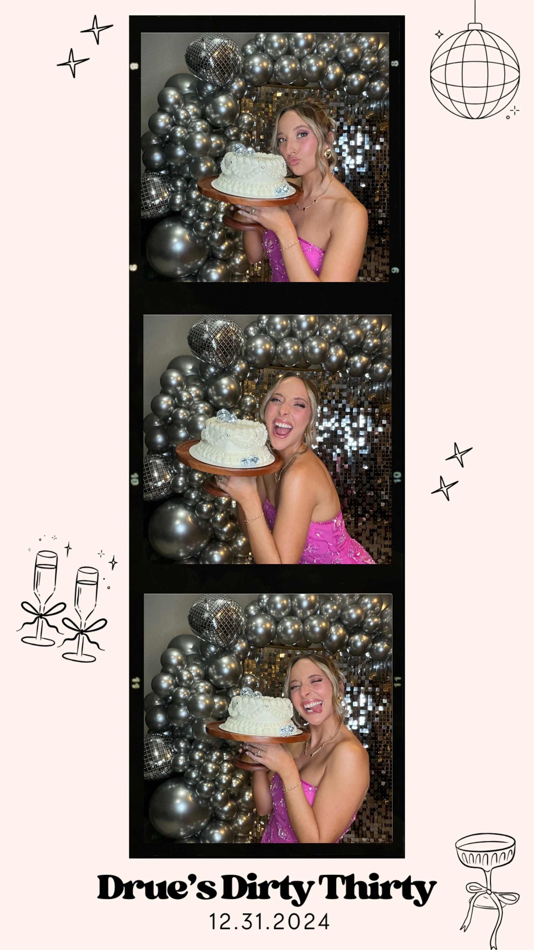 Photo strip of a woman in a pink dress celebrating a 30th birthday with a cake, surrounded by silver balloons and decorations, dated 12.31.2024, with illustrations of stars, champagne glasses, and a disco ball.