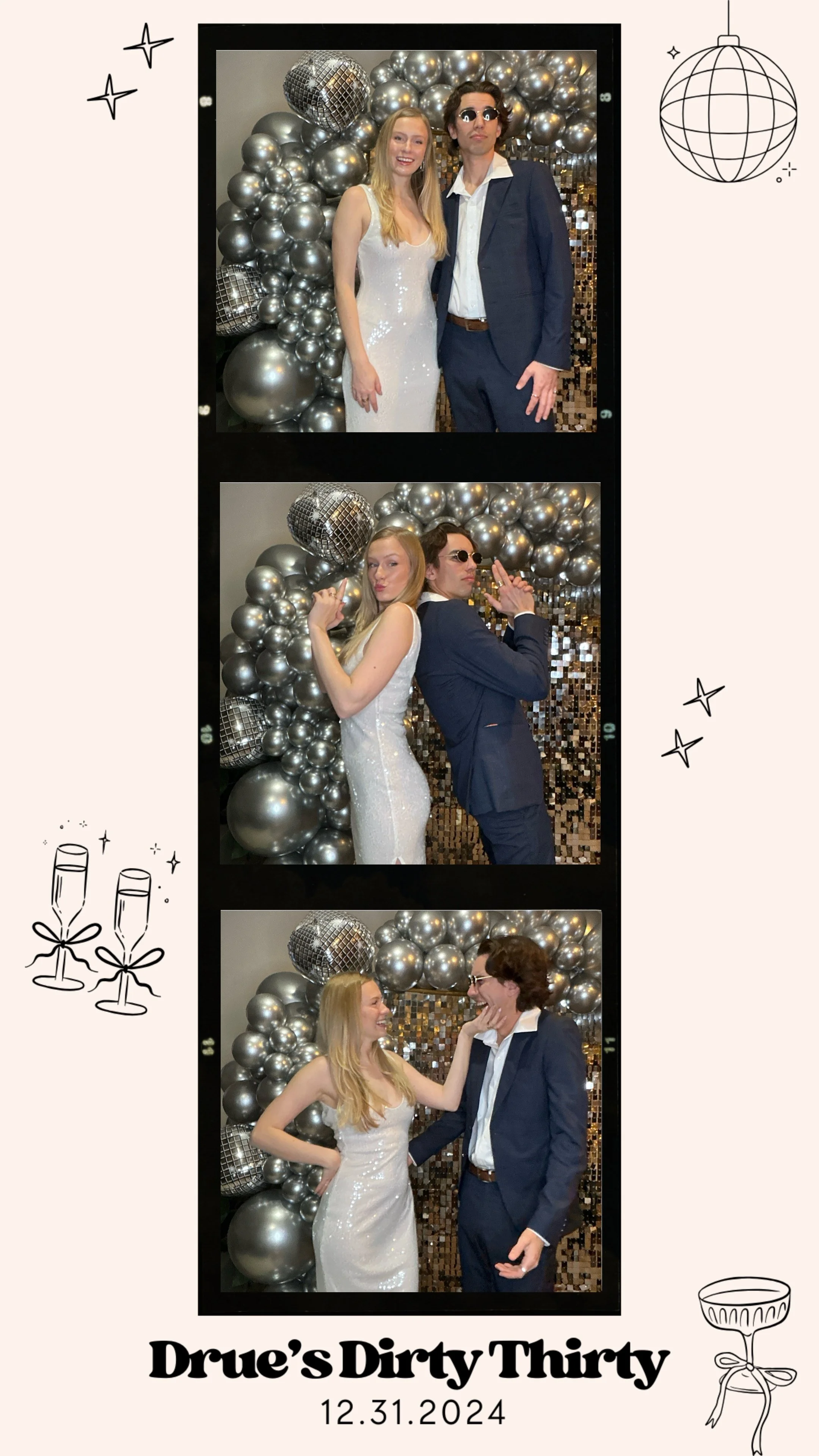 Photo booth images of a man and woman in formal attire in front of a silver balloon backdrop, labeled "Drue's Dirty Thirty 12.31.2024."
