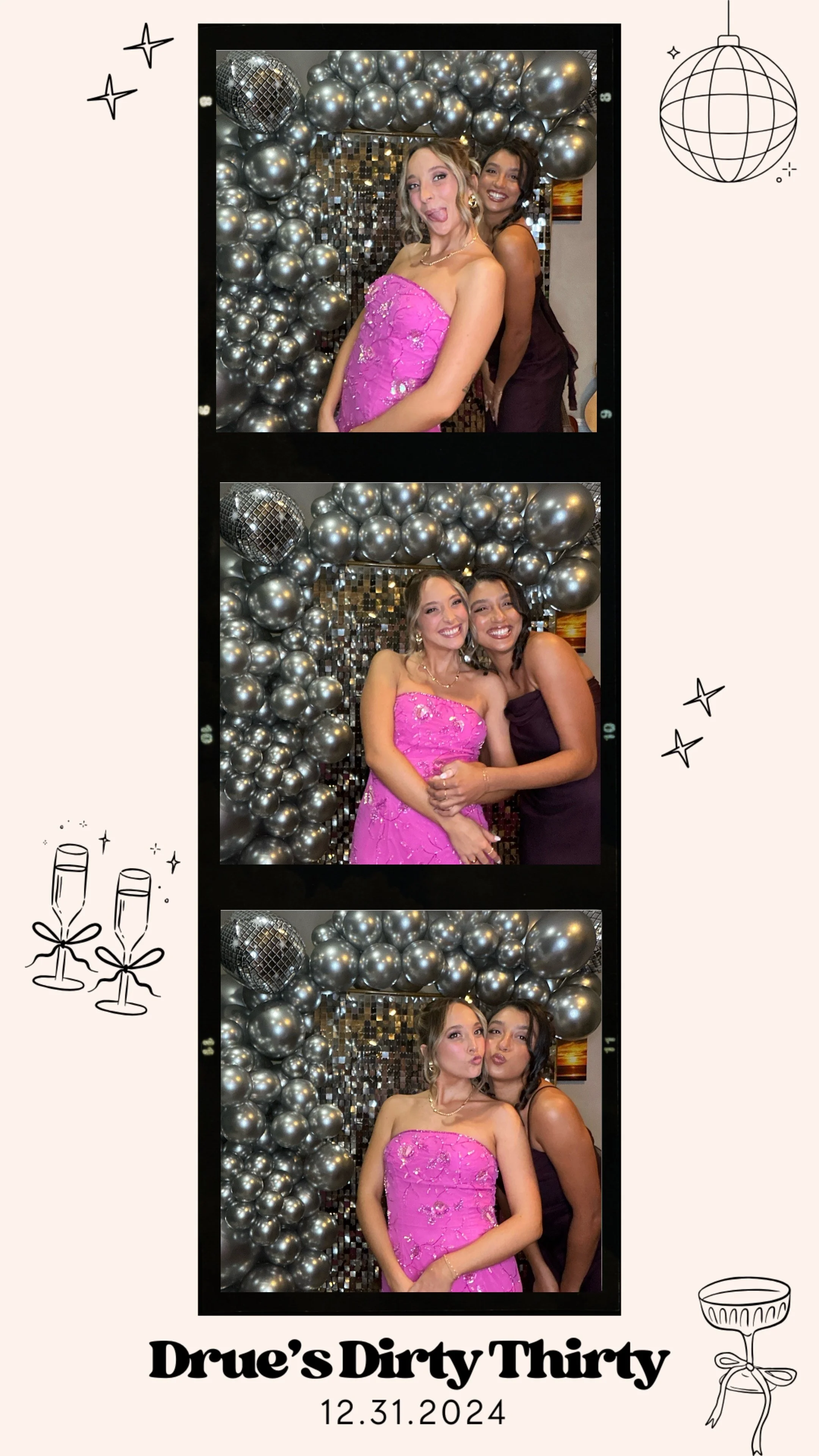 Photo collage of two people posing in front of a silver balloon backdrop at "Drue's Dirty Thirty" birthday celebration on December 31, 2024. The images feature festive decorations like a disco ball and champagne glasses.