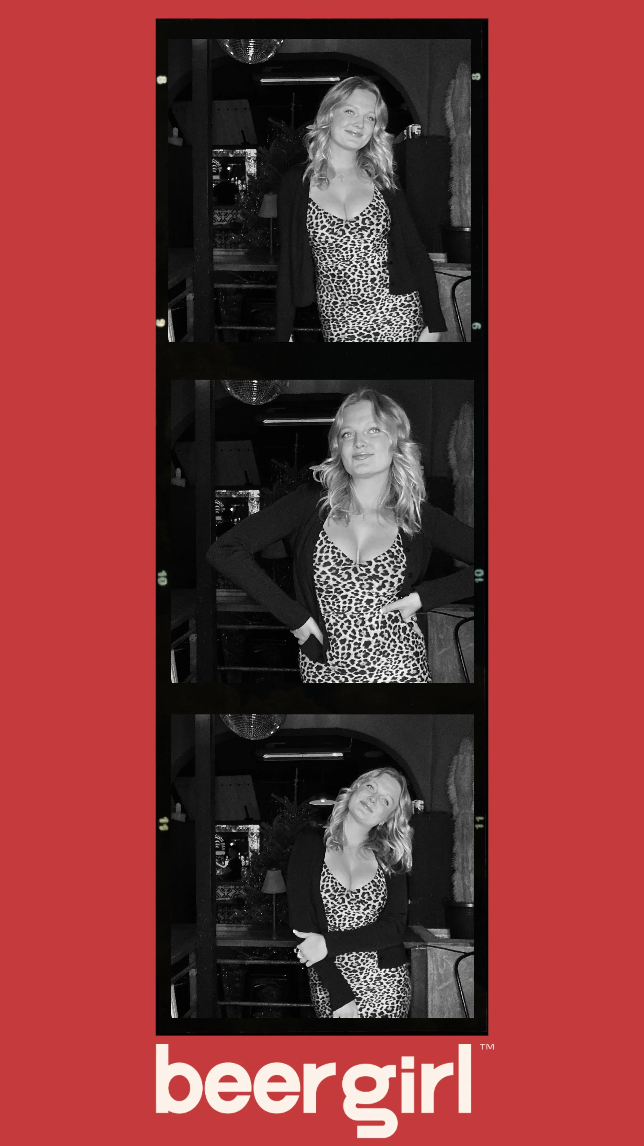 Black and white photo strip of a person in a leopard print dress against a red background with the word 'beergirl' at the bottom.