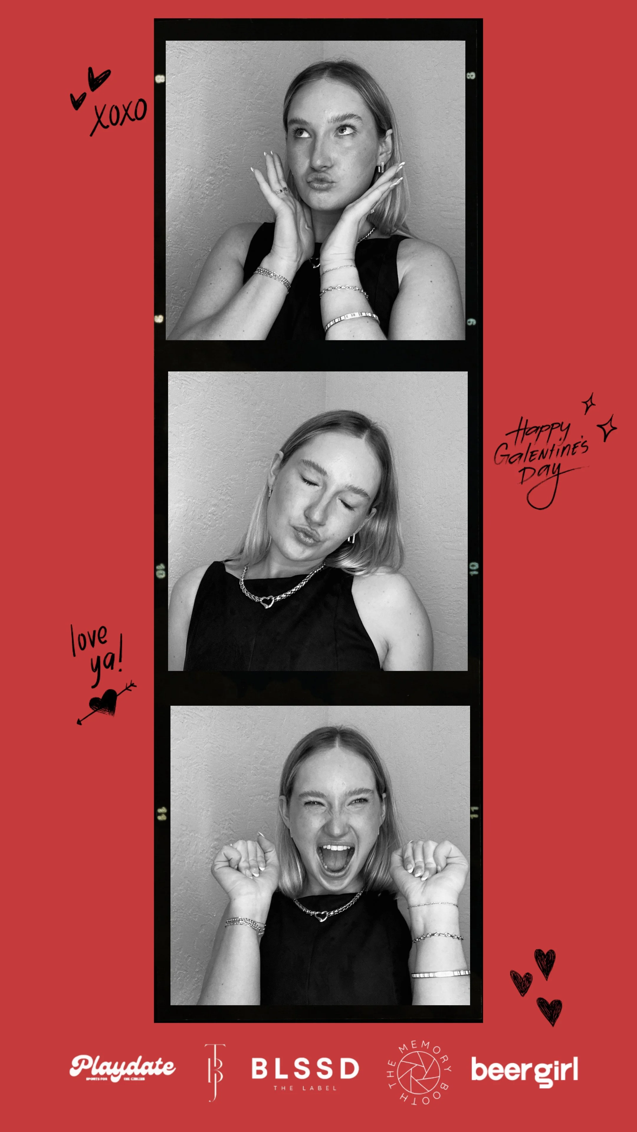 Black and white photo strip of a woman posing playfully against a red background with doodles and texts reading 'XOXO', 'Happy Galentine's Day', and 'love ya!' Featuring logos of Playdate, BLSSD the label, The Memory Booth, and beergirl.