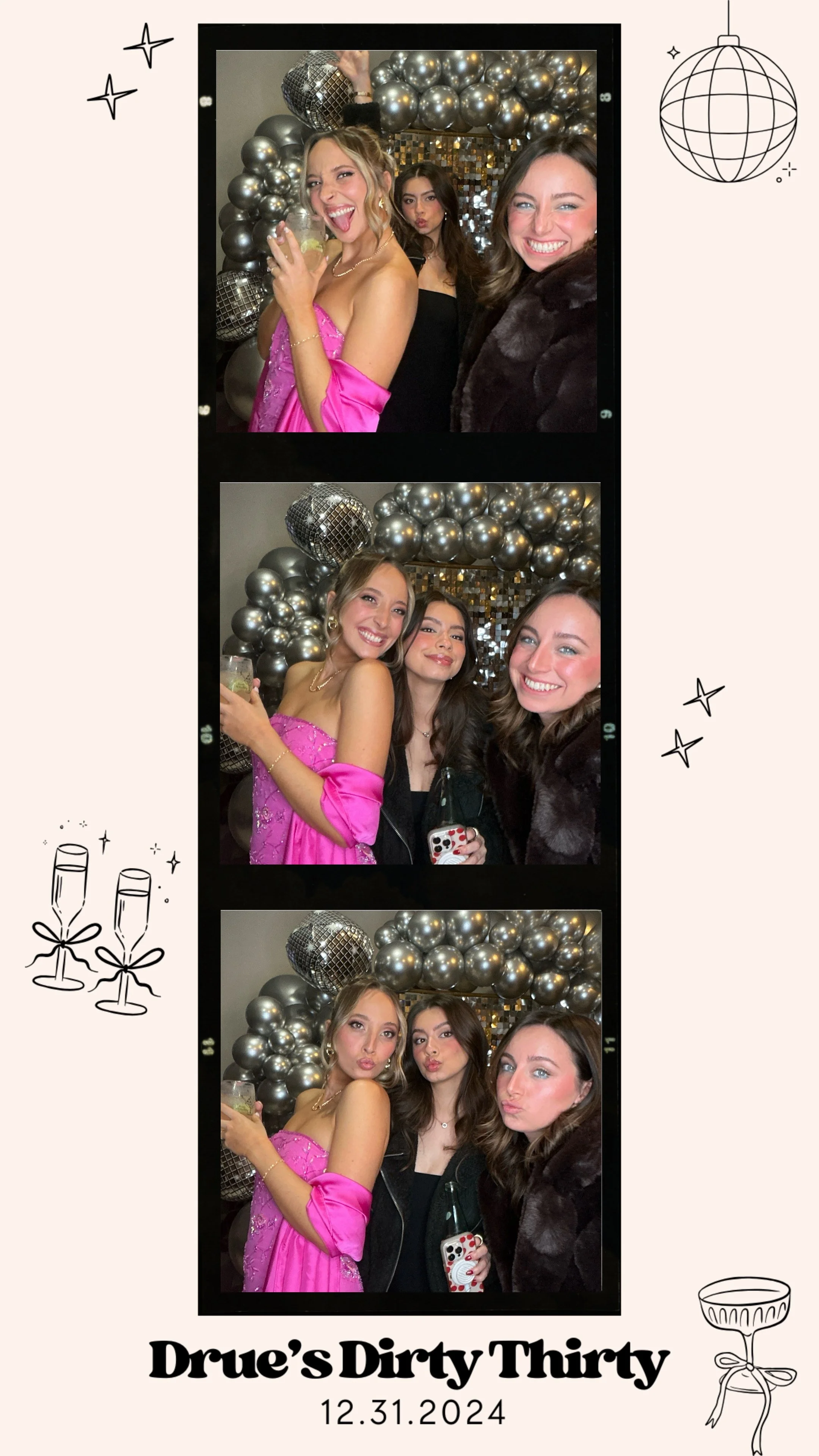Three women posing at a party with a balloon backdrop and disco balls, celebrating "Drue's Dirty Thirty" on December 31, 2024.