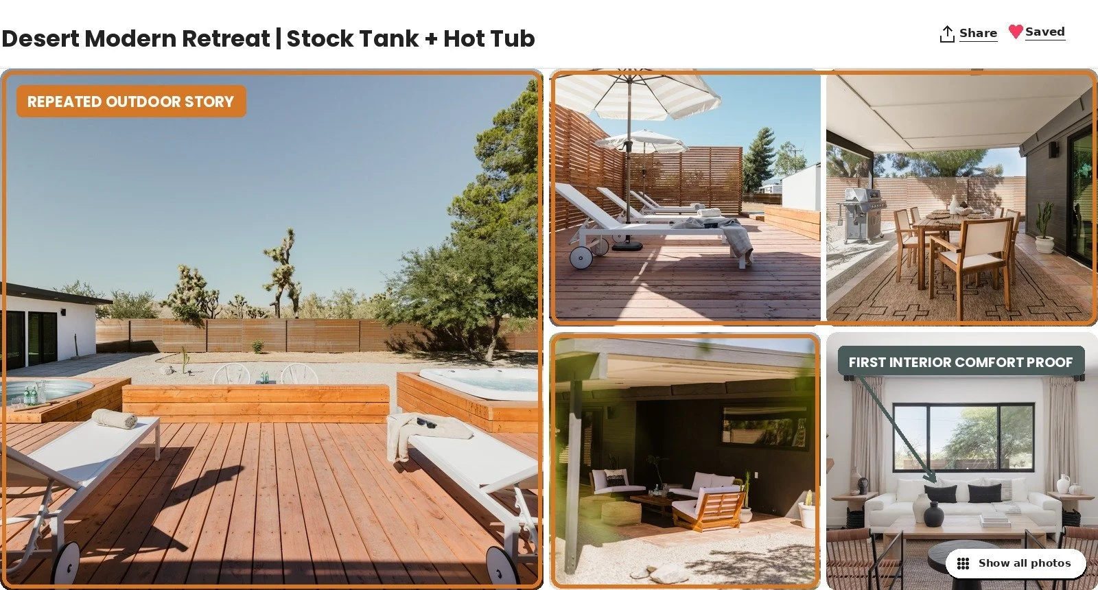 Annotated Airbnb listing gallery showing a sequencing issue — Desert Modern Retreat