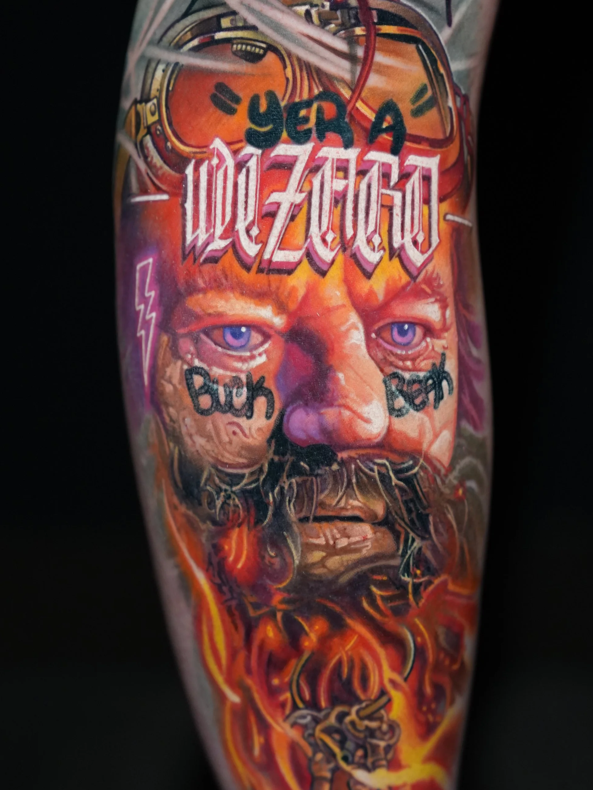 Hyper realistic color portrait tattoo of Hagrid from Harry Potter, neon, graffiti tattoo by Dany Elliott