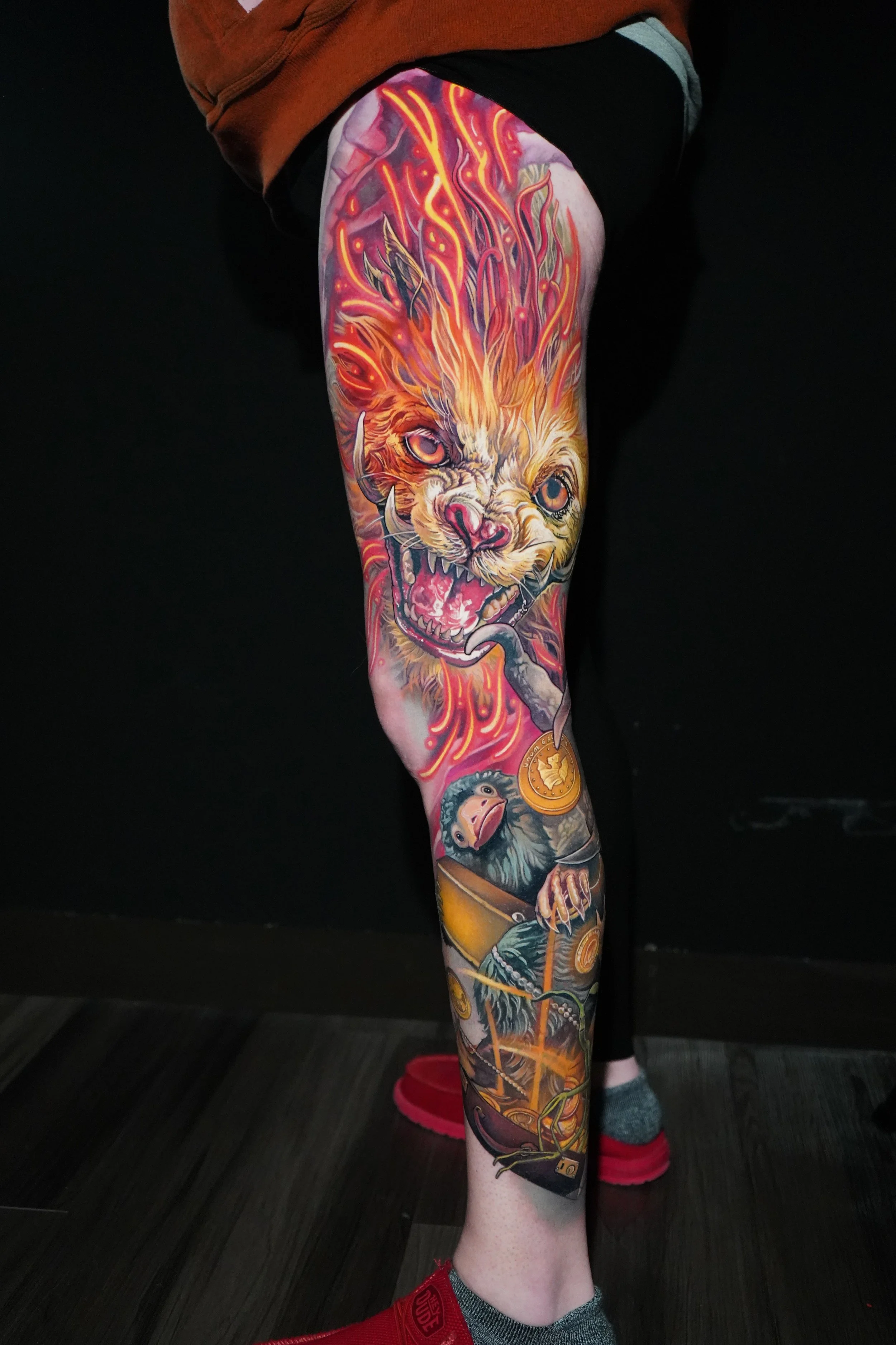 Zuowu and Teddy the Niffler from Fantastic Beasts and where to find them (Harry Potter World) Leg panel tattoo by Danny Elliott ion color realism