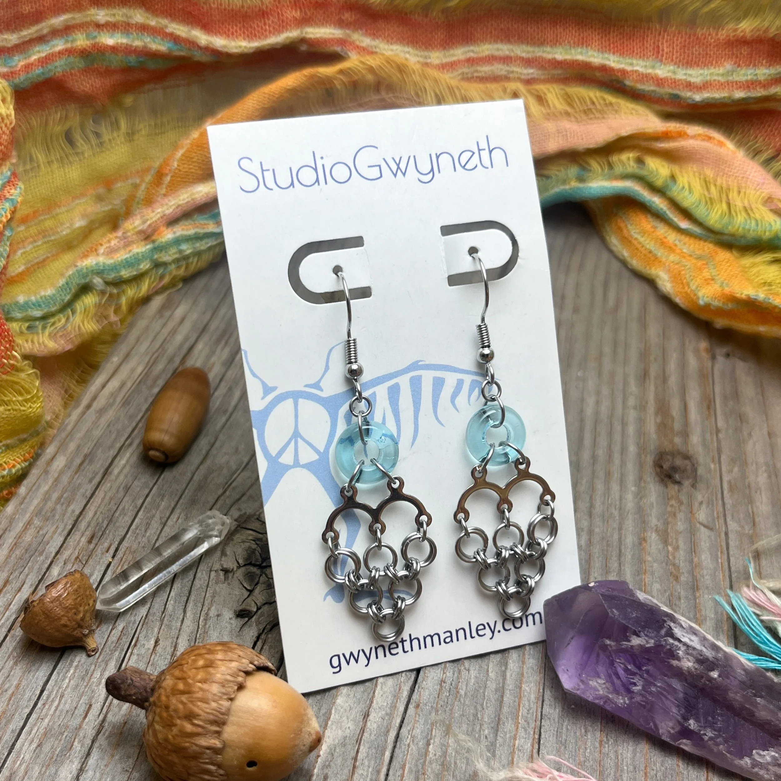 Triangle Chainmaille Earrings with Glass Donuts