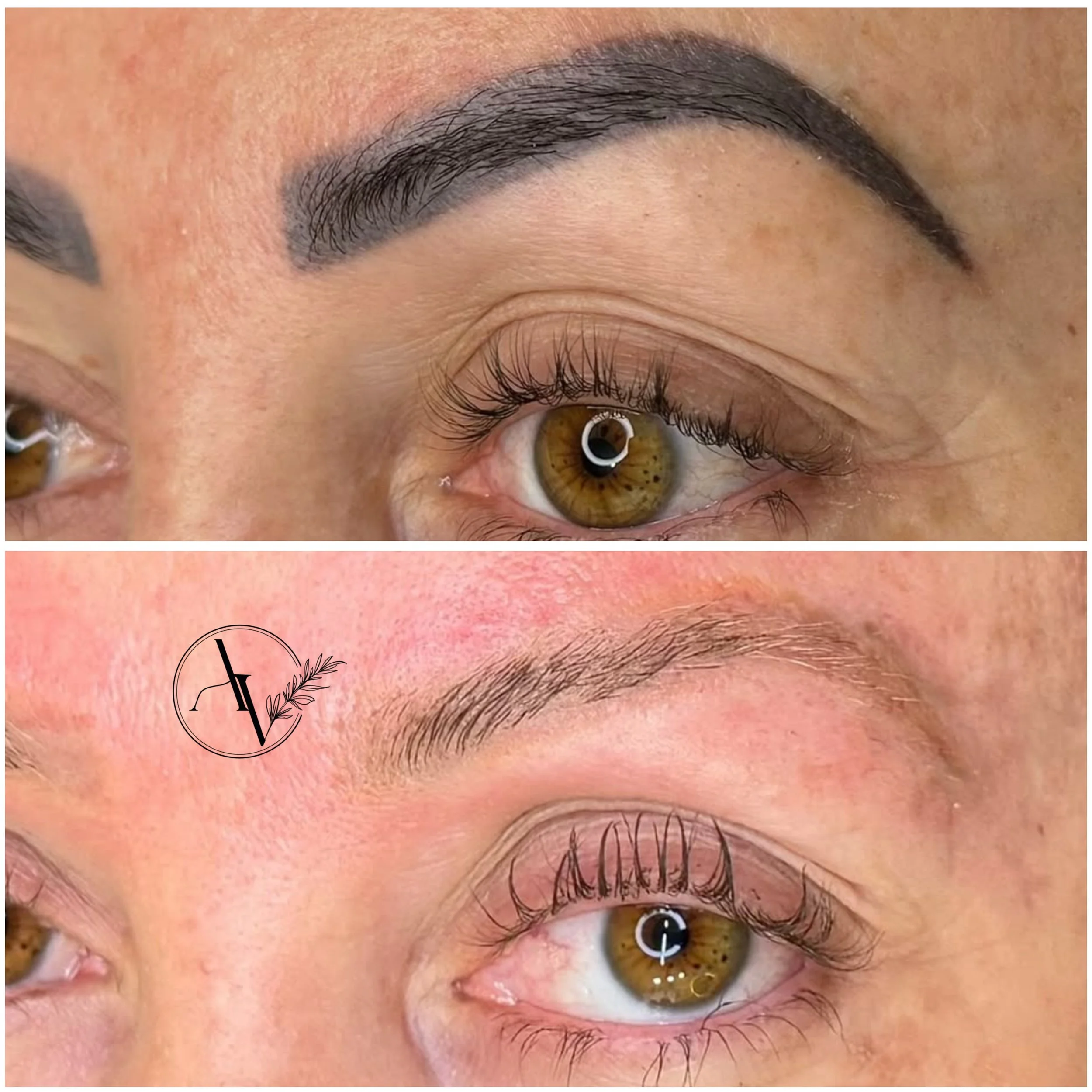 Comparaison avant et après une microblading des sourcils, montrant un sourcil plus défini et rempli après la procédure.
