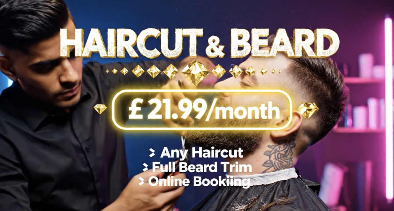 Advertisement for haircut and beard grooming service priced at £21.99 per month, offered with any haircut, full beard trim, and online booking, featuring a barber trimming a customer's beard in a salon with colorful lighting.