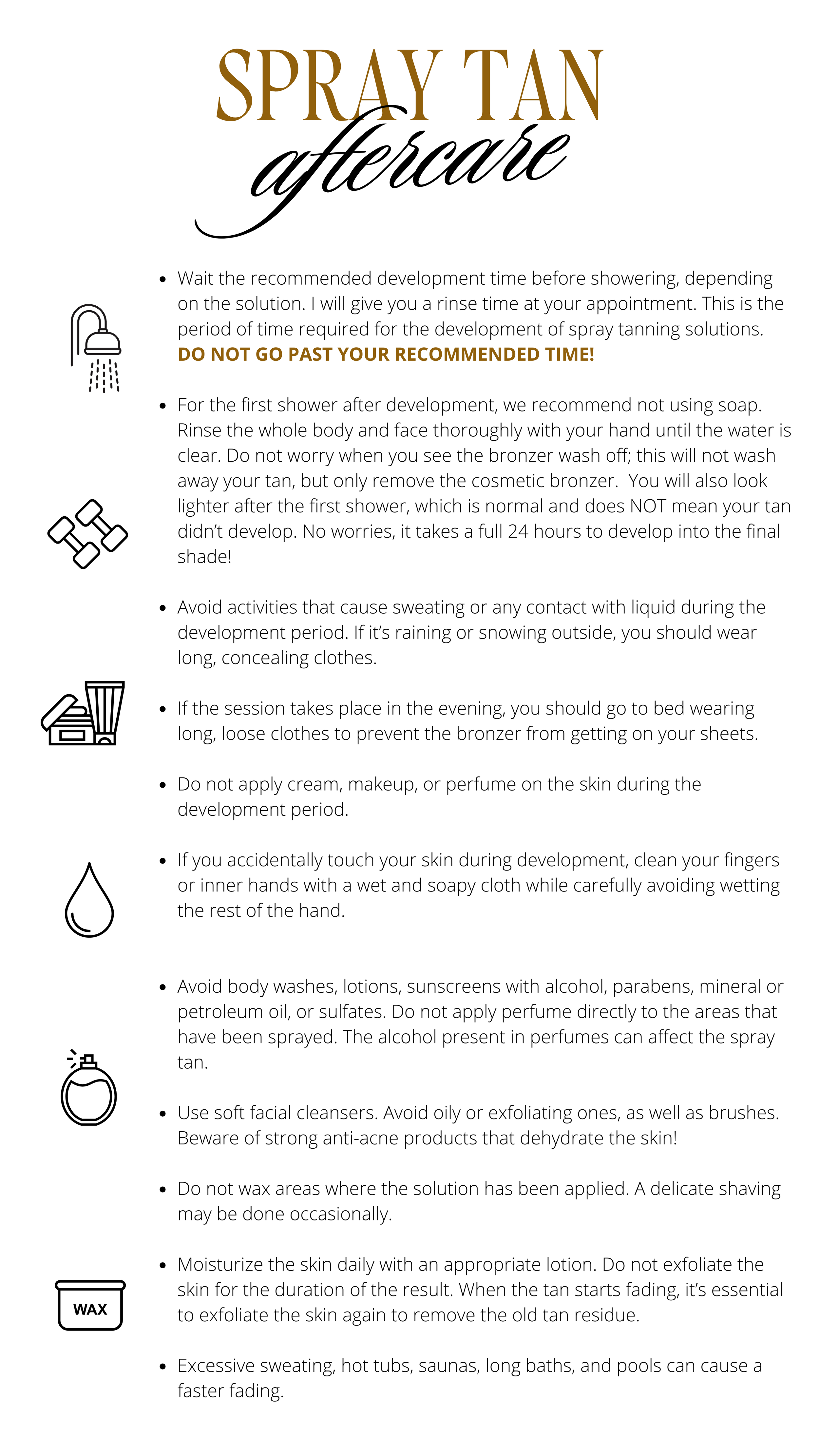 Second page of the spray tan preparation and after care guide by Bronze Couture in Kalamazoo, Michigan.