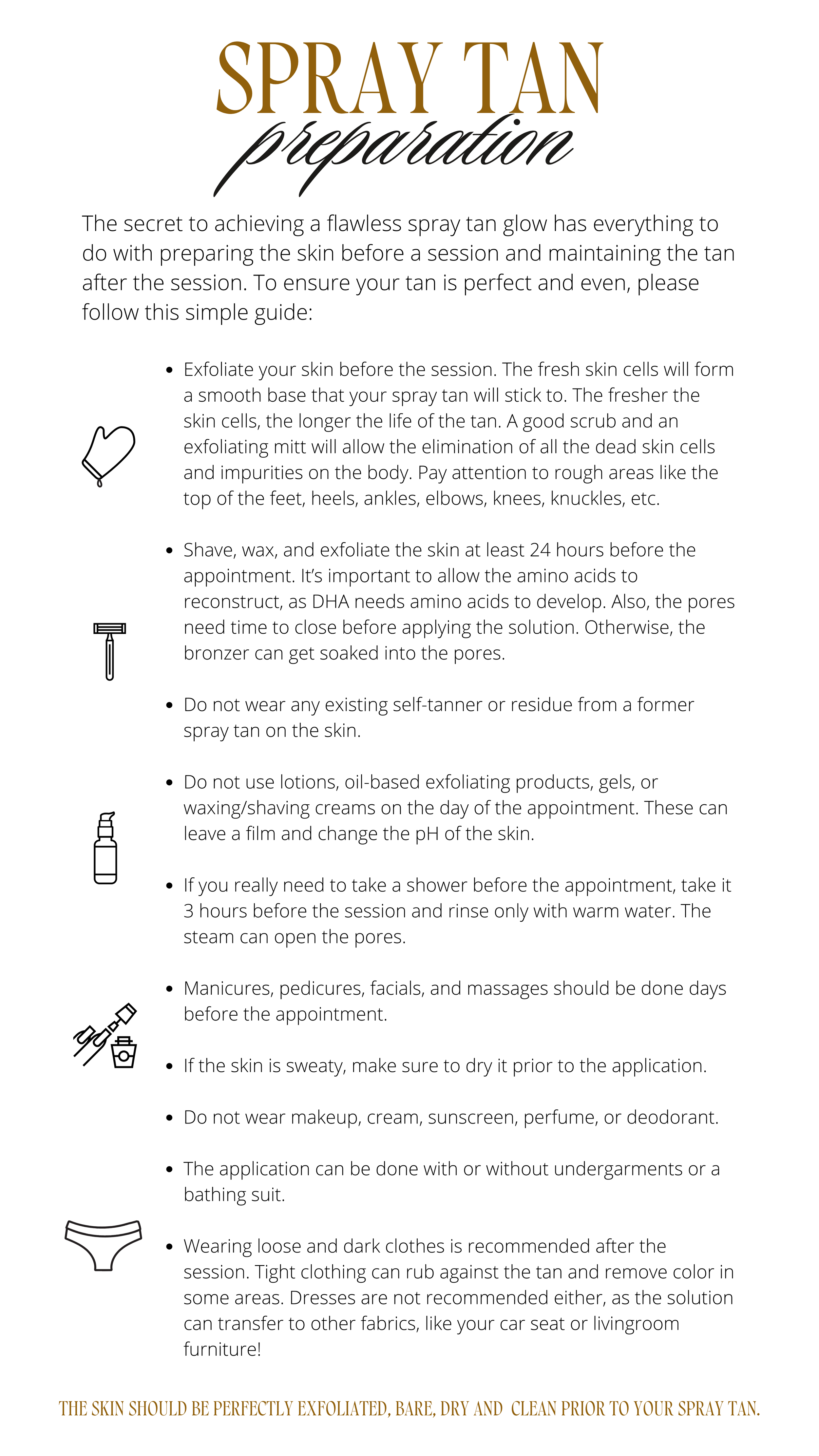 First page of the spray tan preparation and after care guide by Bronze Couture in Kalamazoo, Michigan.